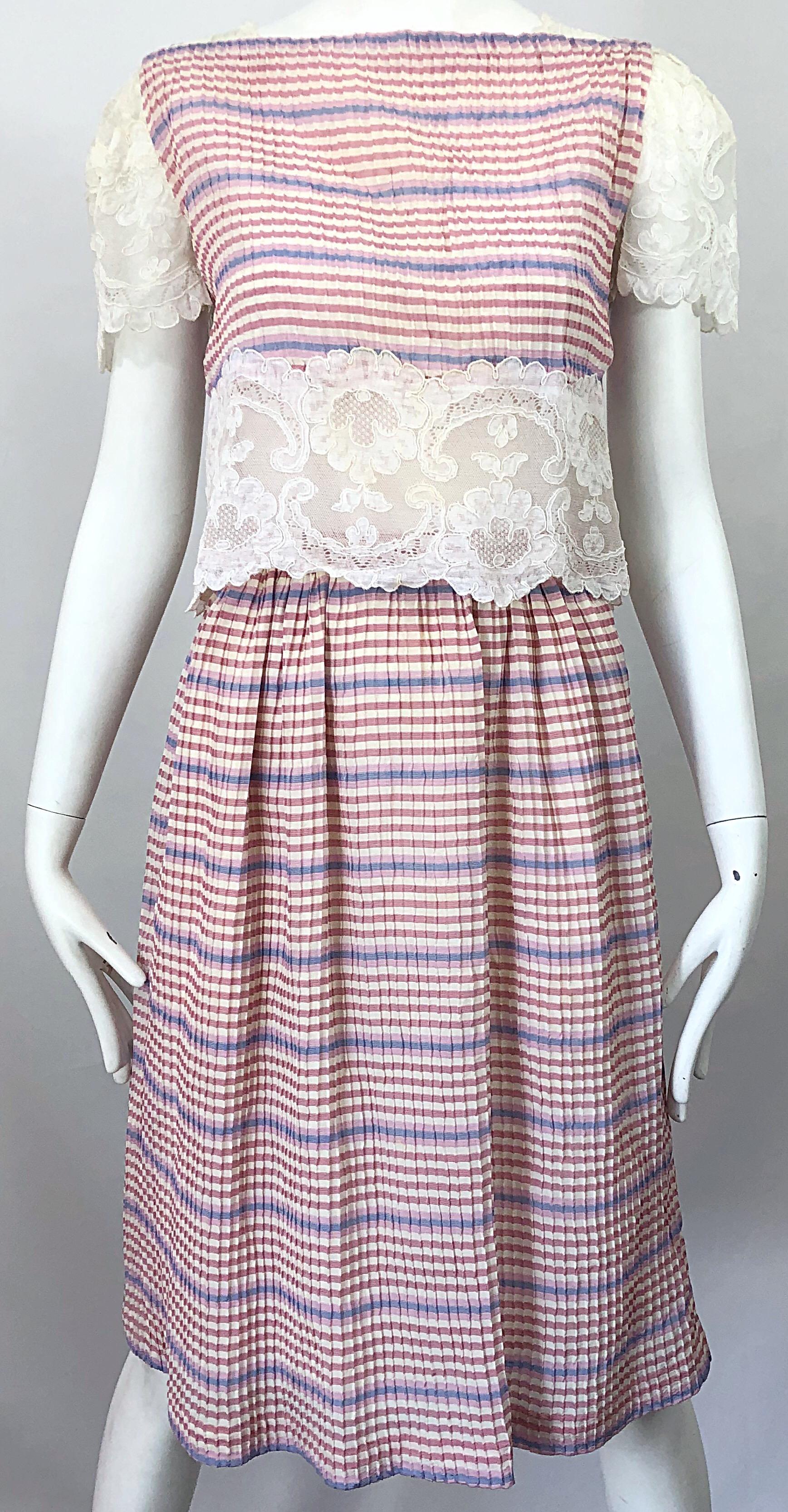 Bob Mackie 1970s Stripes Size 4 Silk + Lace Vintage 70s Crop Top and Skirt Dress For Sale 3