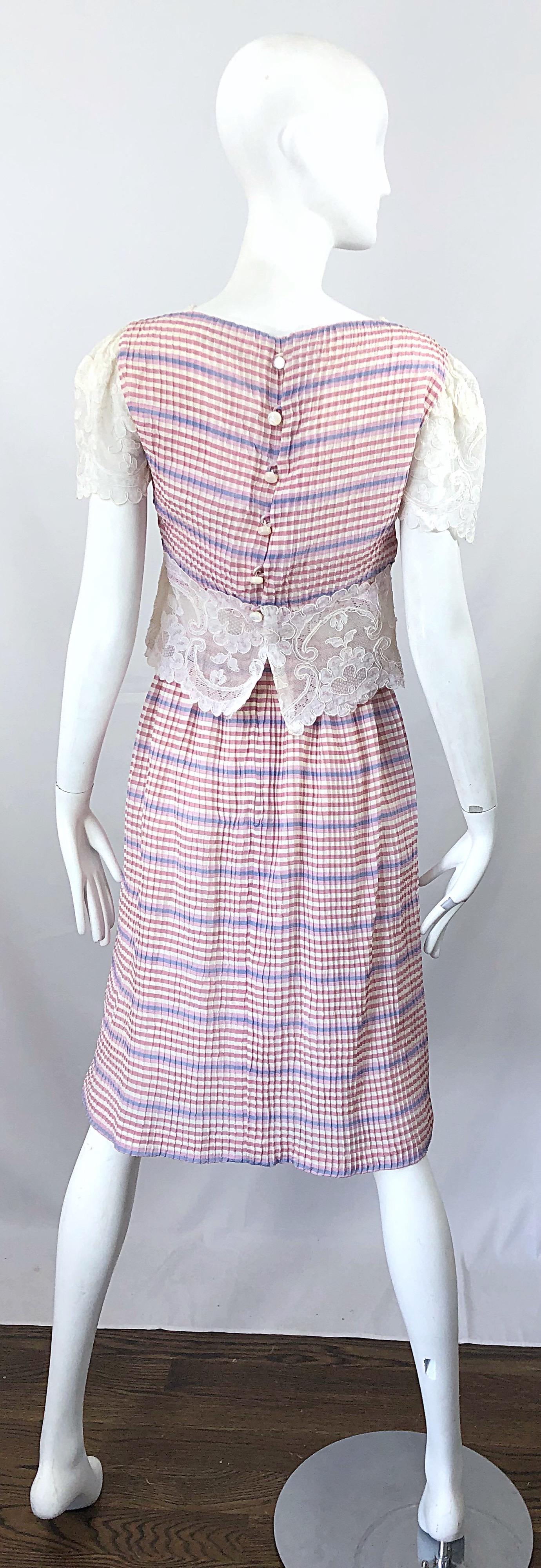 Bob Mackie 1970s Stripes Size 4 Silk + Lace Vintage 70s Crop Top and Skirt Dress For Sale 4