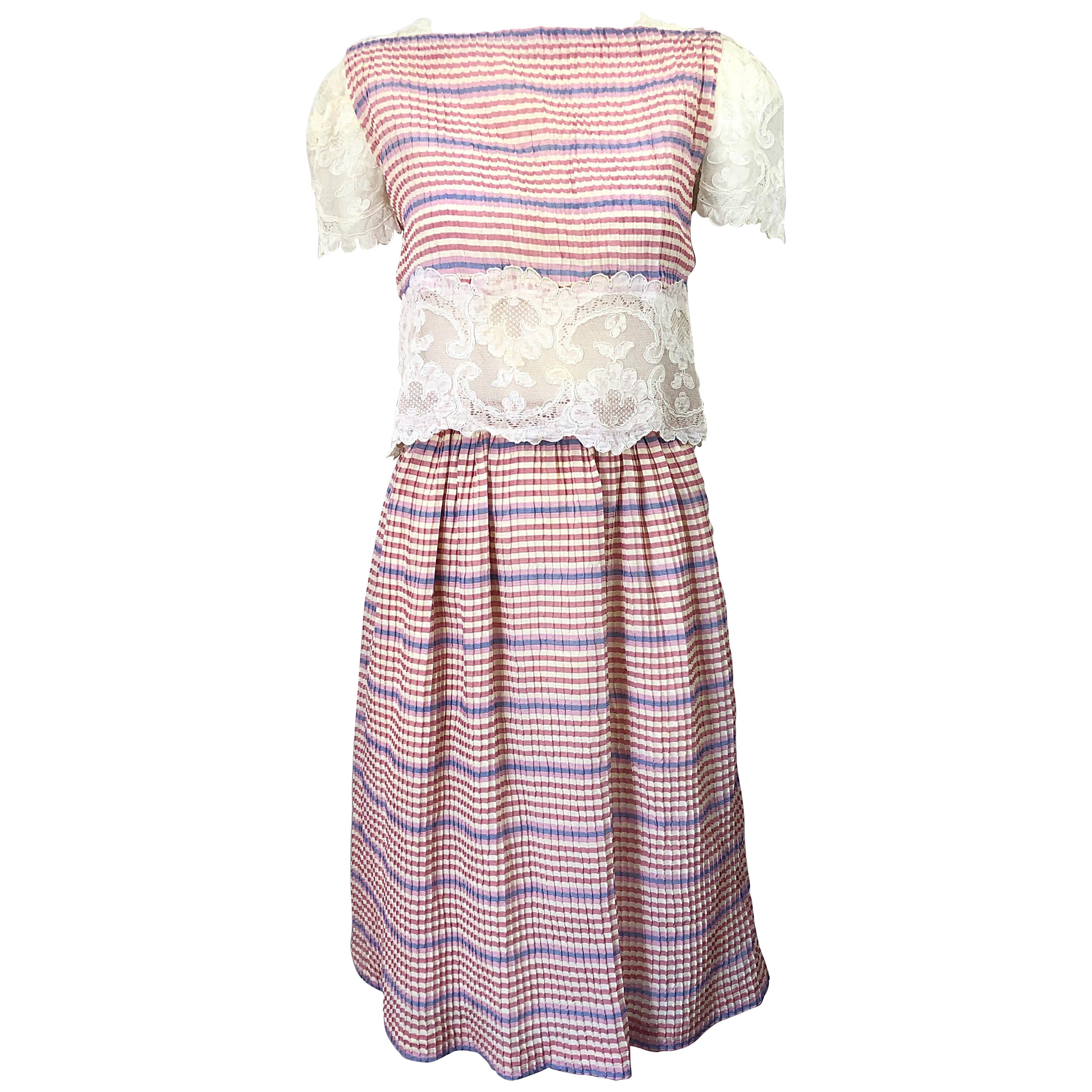 Bob Mackie 1970s Stripes Size 4 Silk + Lace Vintage 70s Crop Top and Skirt Dress For Sale