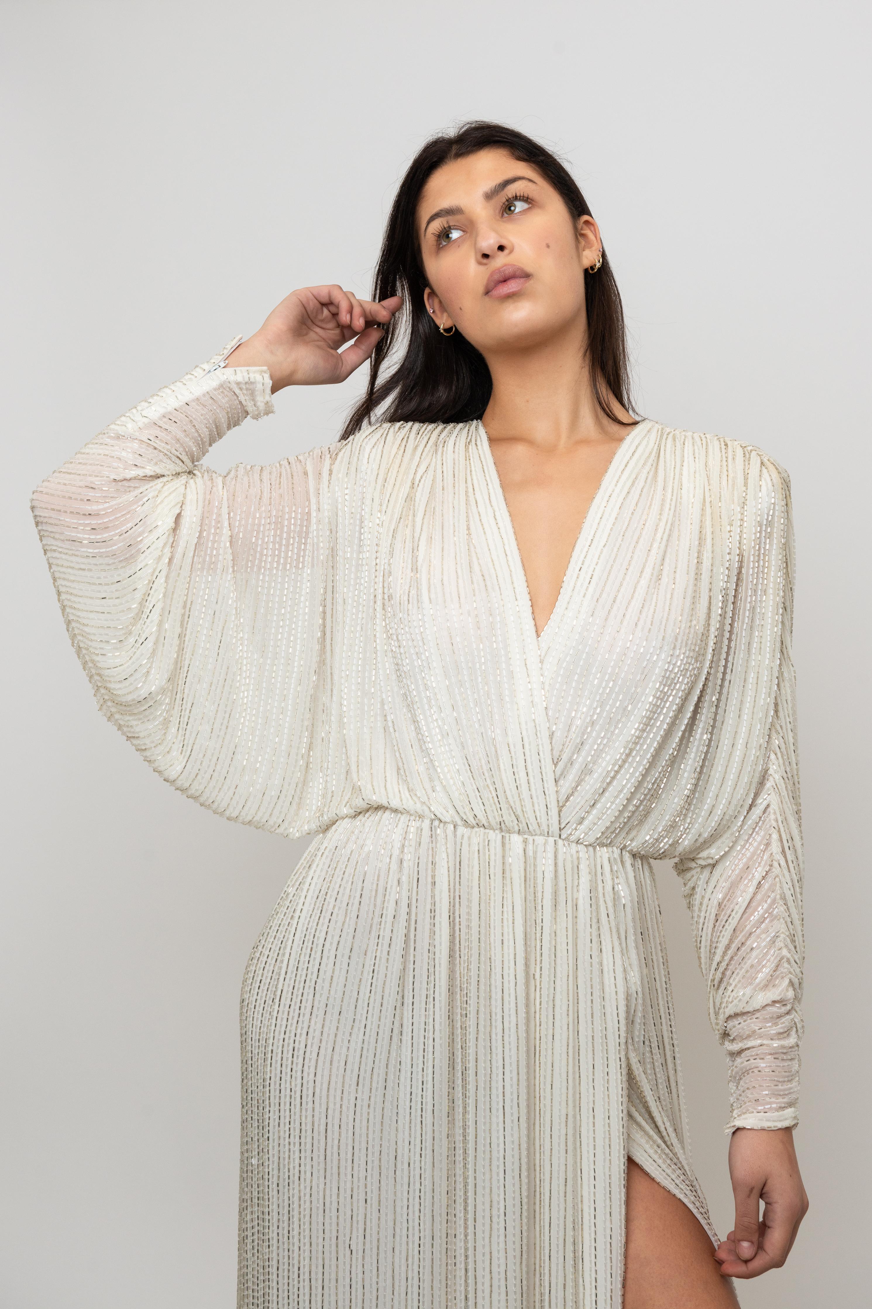 Bob Mackie 1970's White Long Sleeved Fully Beaded Gown im Angebot 5