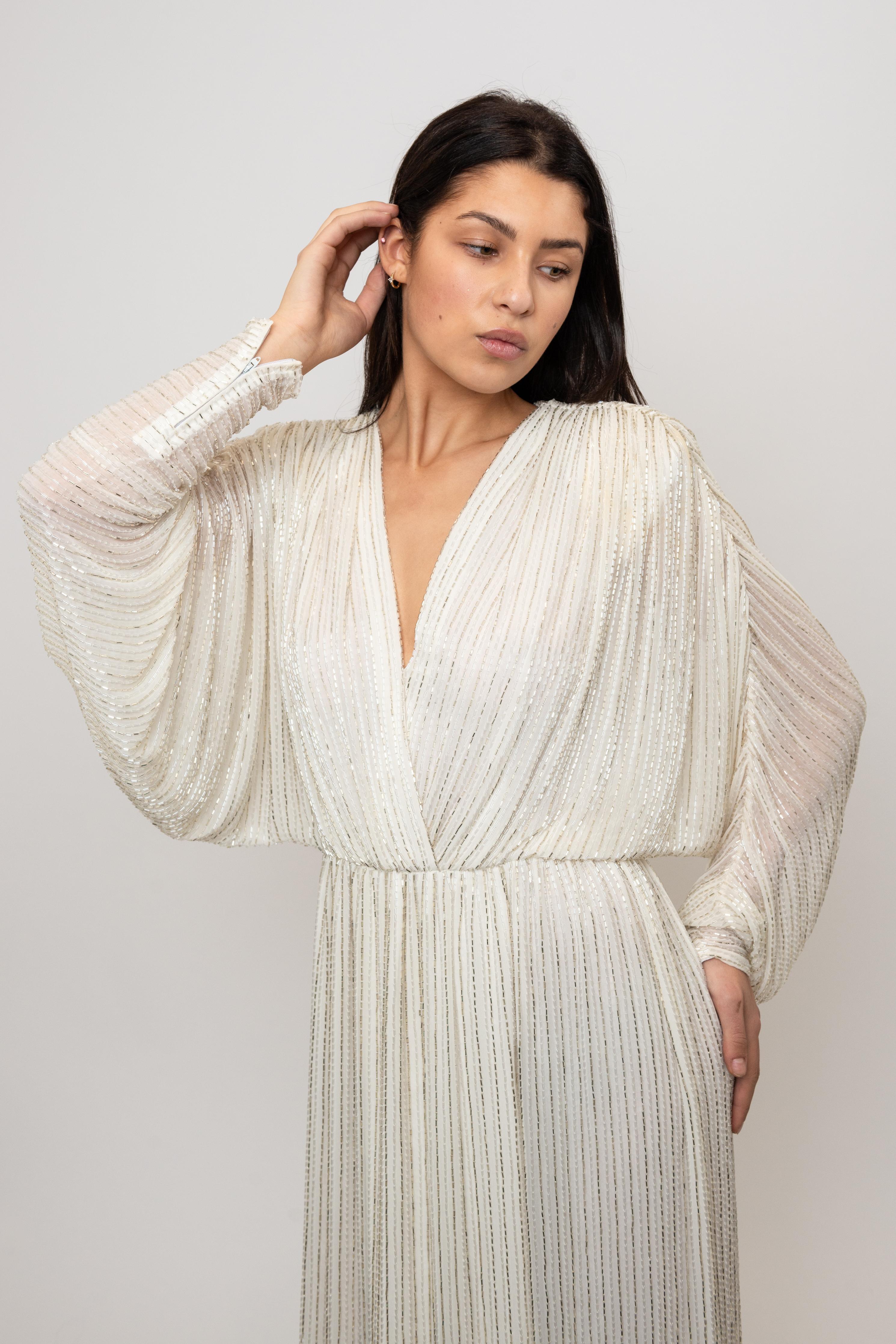 Bob Mackie 1970's White Long Sleeved Fully Beaded Gown im Angebot 6