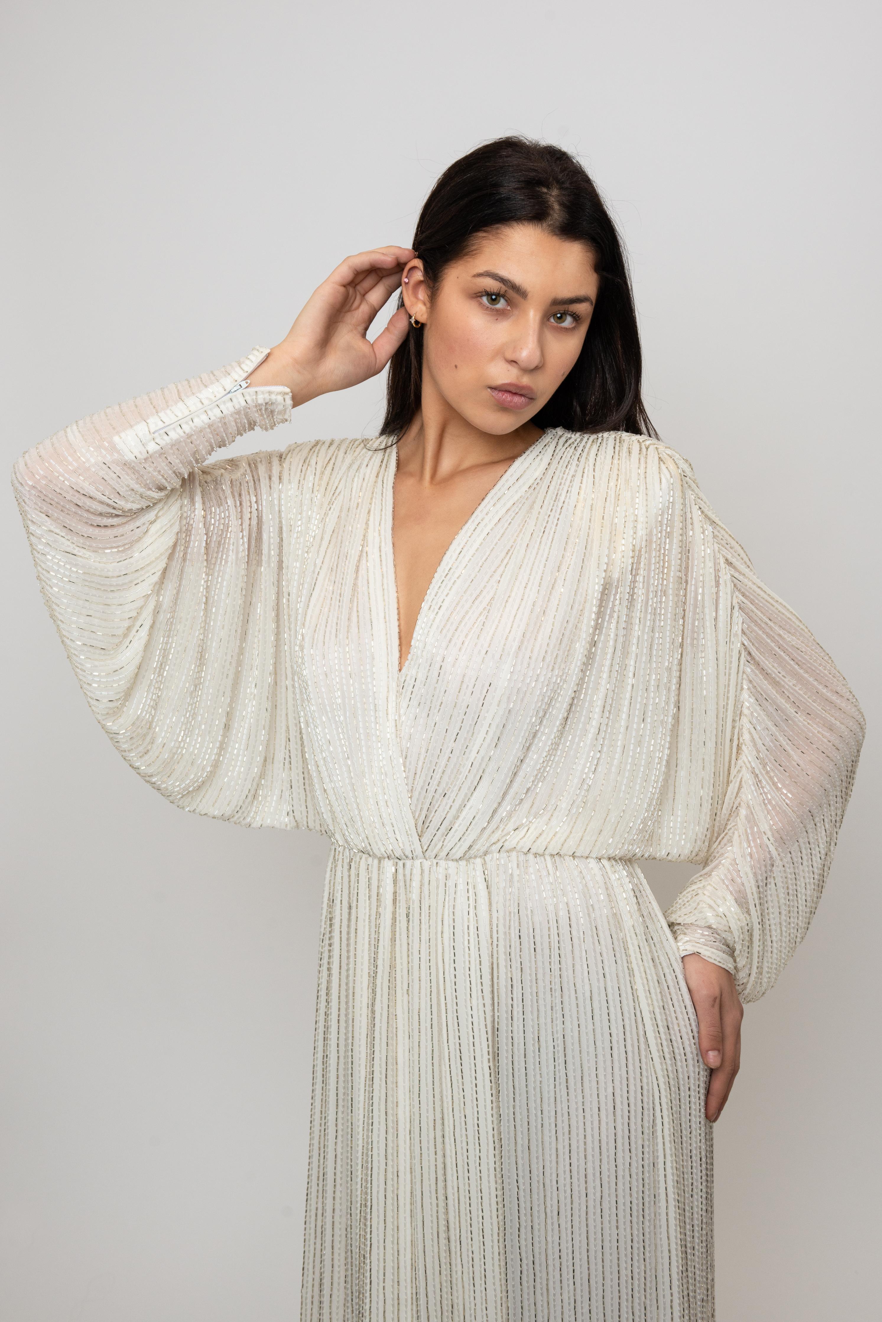 Bob Mackie 1970's White Long Sleeved Fully Beaded Gown im Angebot 7