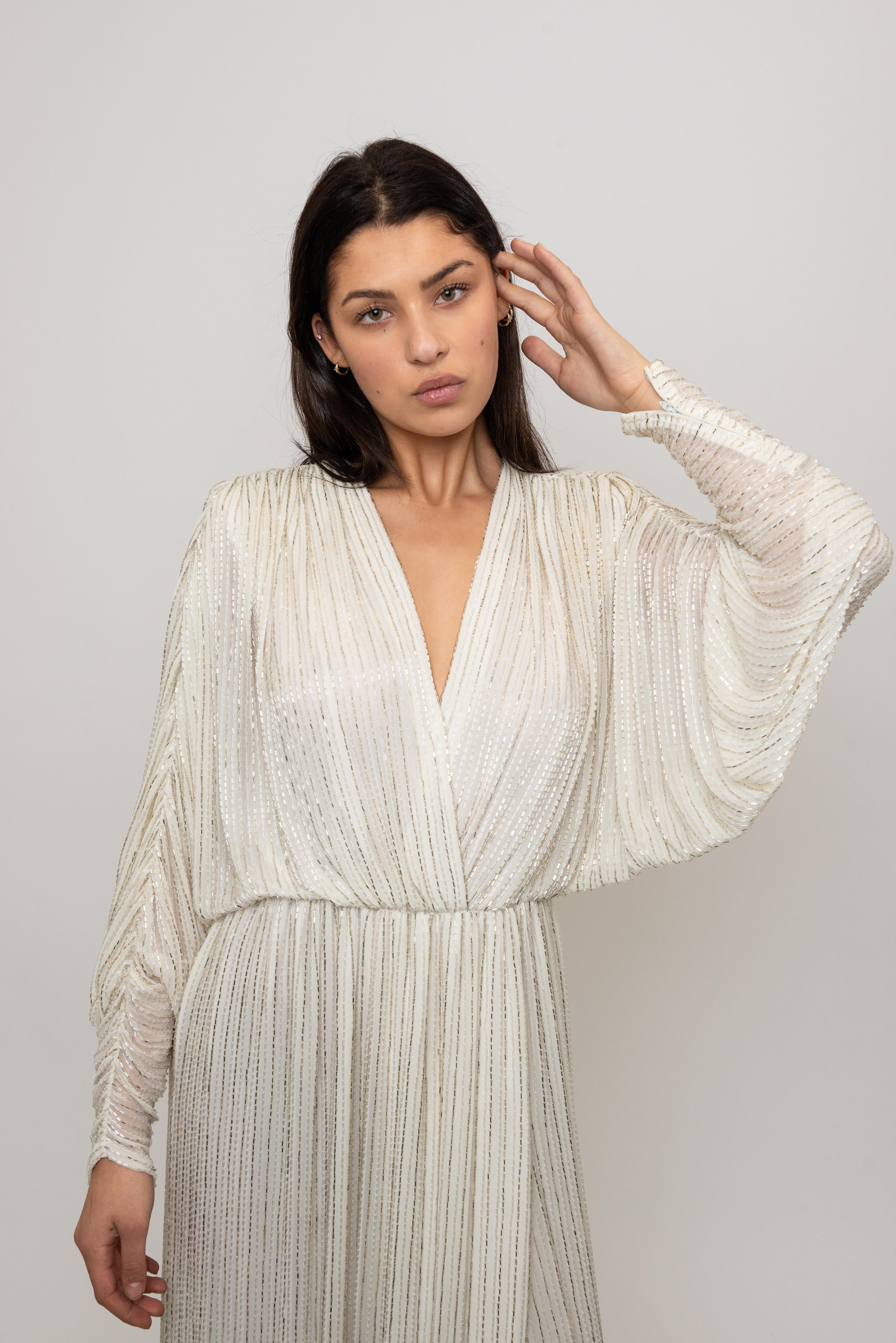 Bob Mackie 1970's White Long Sleeved Fully Beaded Gown im Angebot 8