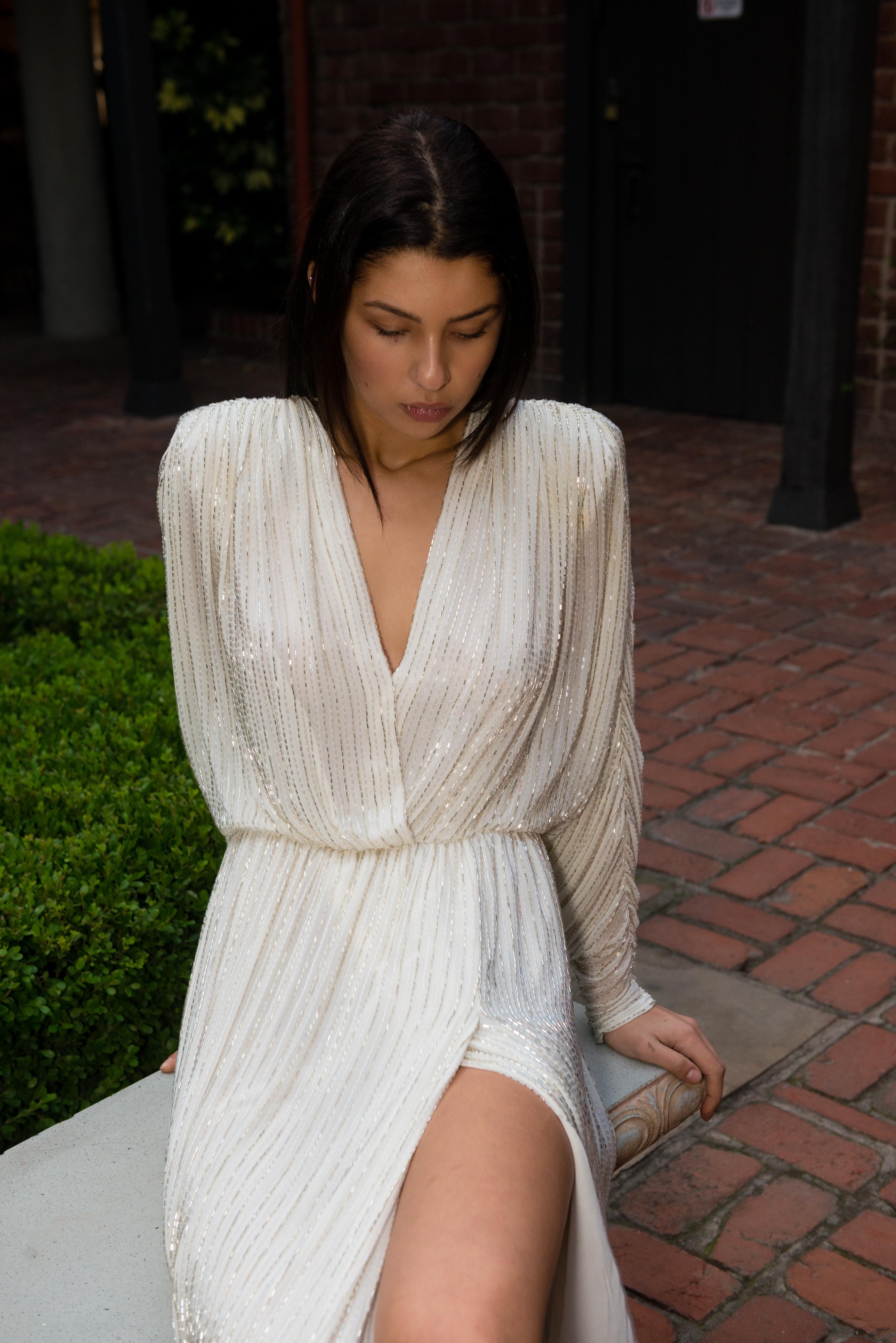 Bob Mackie 1970's White Long Sleeved Fully Beaded Gown im Angebot 9