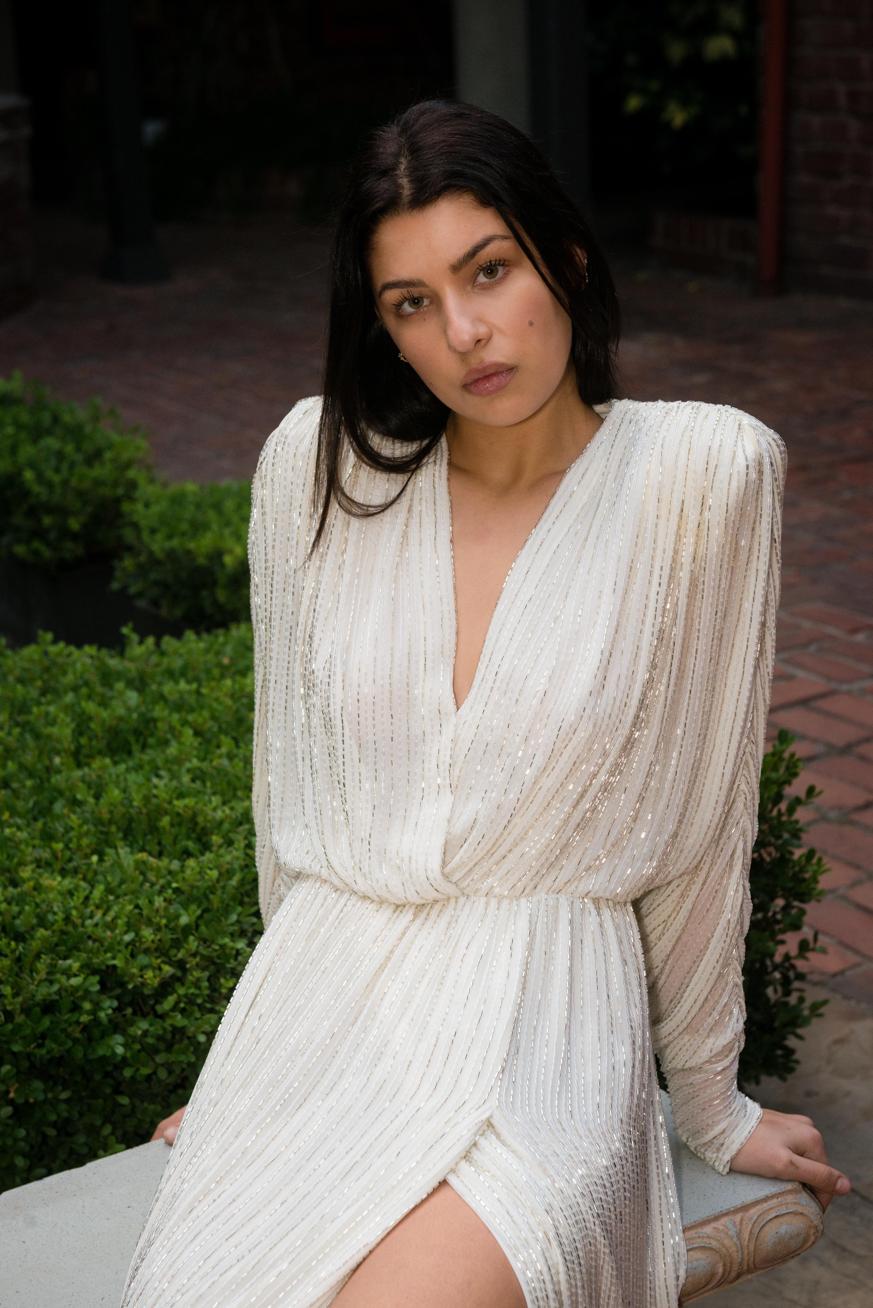 Bob Mackie 1970's White Long Sleeved Fully Beaded Gown im Angebot 10