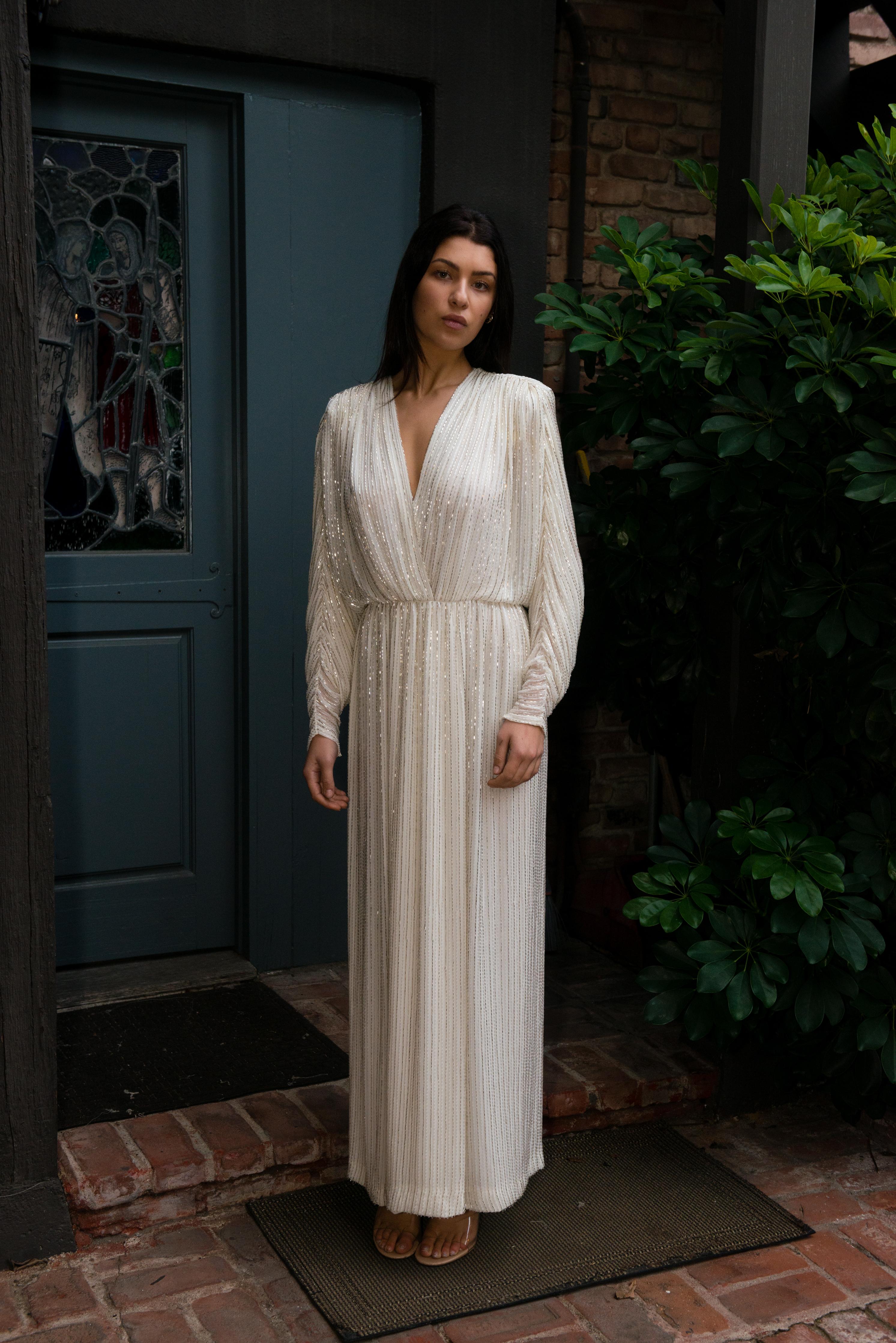 Bob Mackie 1970's White Long Sleeved Fully Beaded Gown im Angebot 12