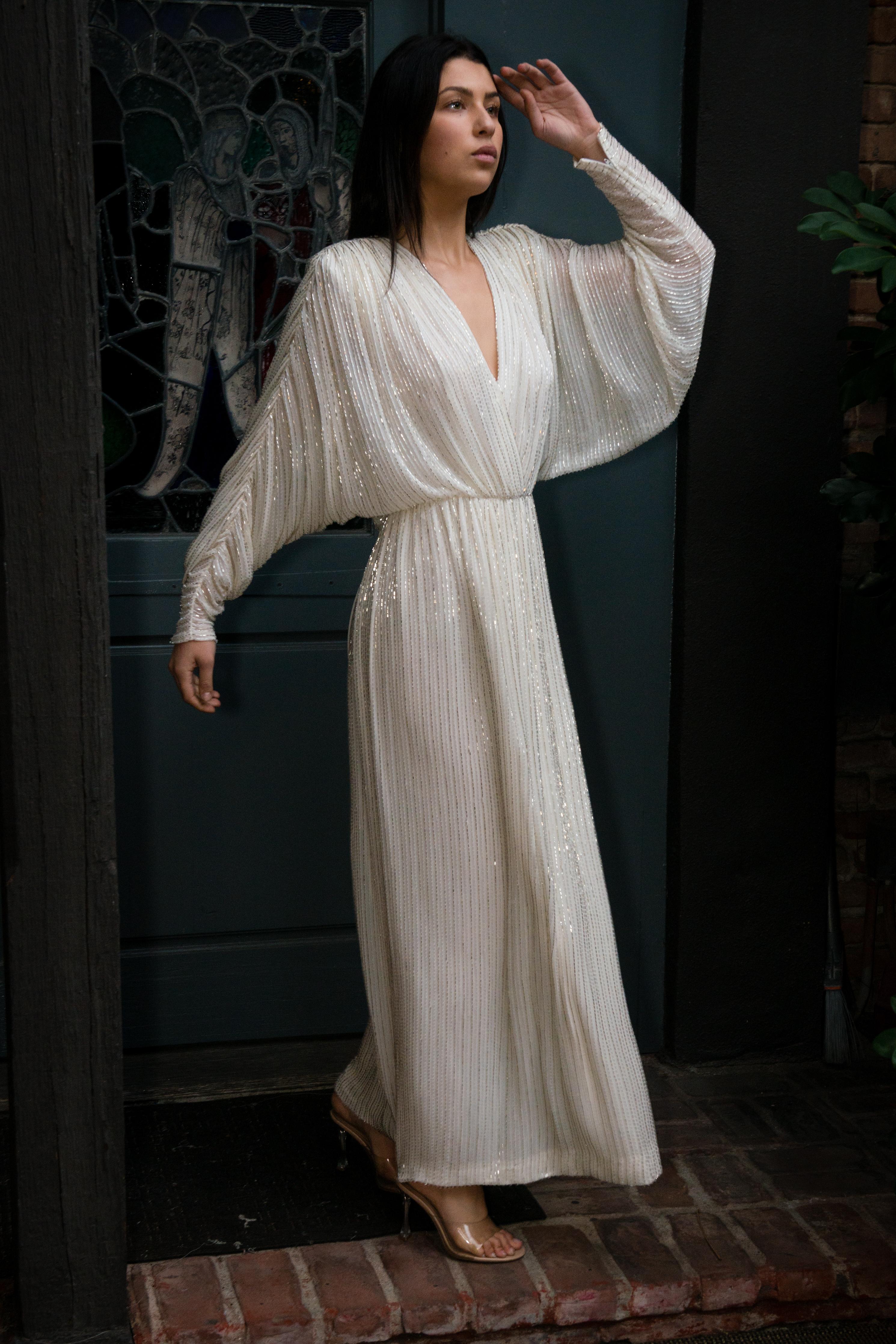 Bob Mackie 1970's White Long Sleeved Fully Beaded Gown im Angebot 14