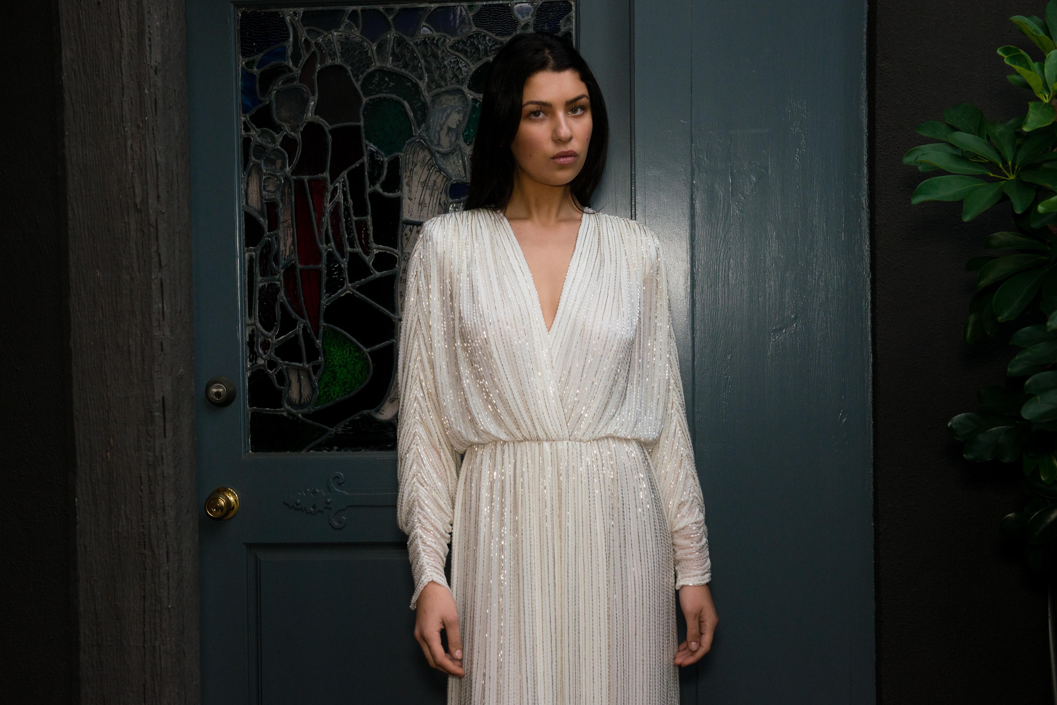 Bob Mackie 1970's White Long Sleeved Fully Beaded Gown im Angebot 15