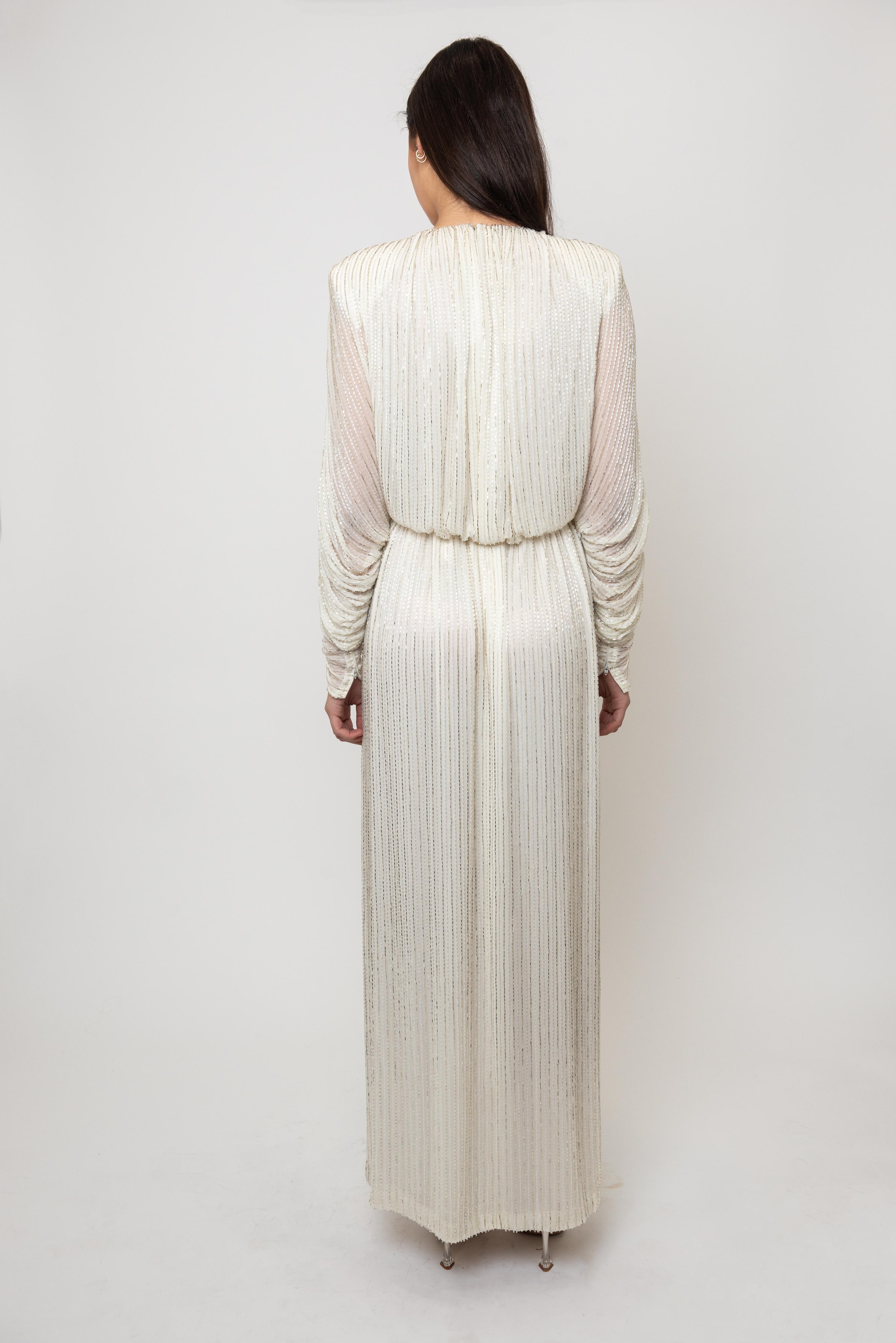 Bob Mackie 1970's White Long Sleeved Fully Beaded Gown Damen im Angebot