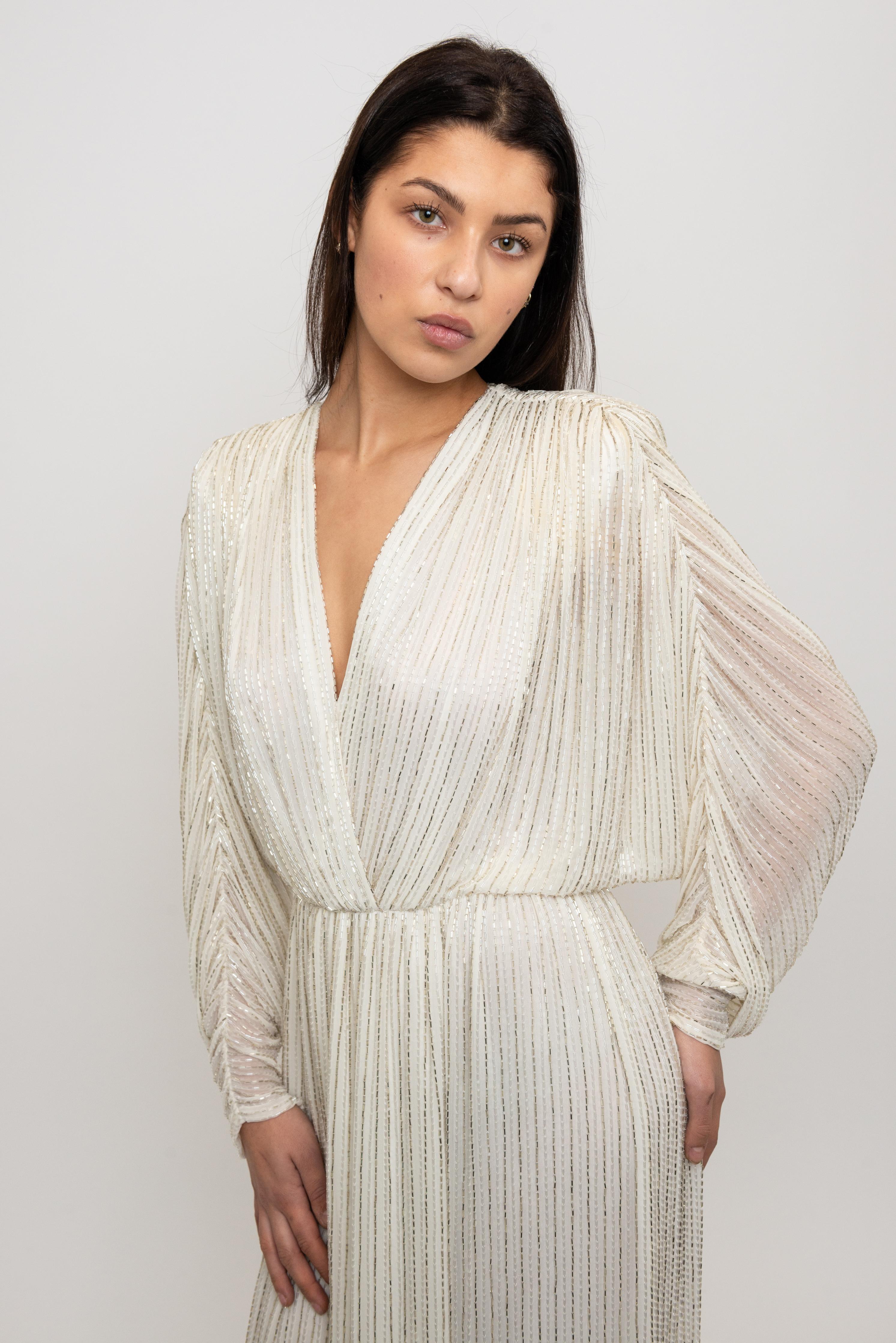 Bob Mackie 1970's White Long Sleeved Fully Beaded Gown im Angebot 2