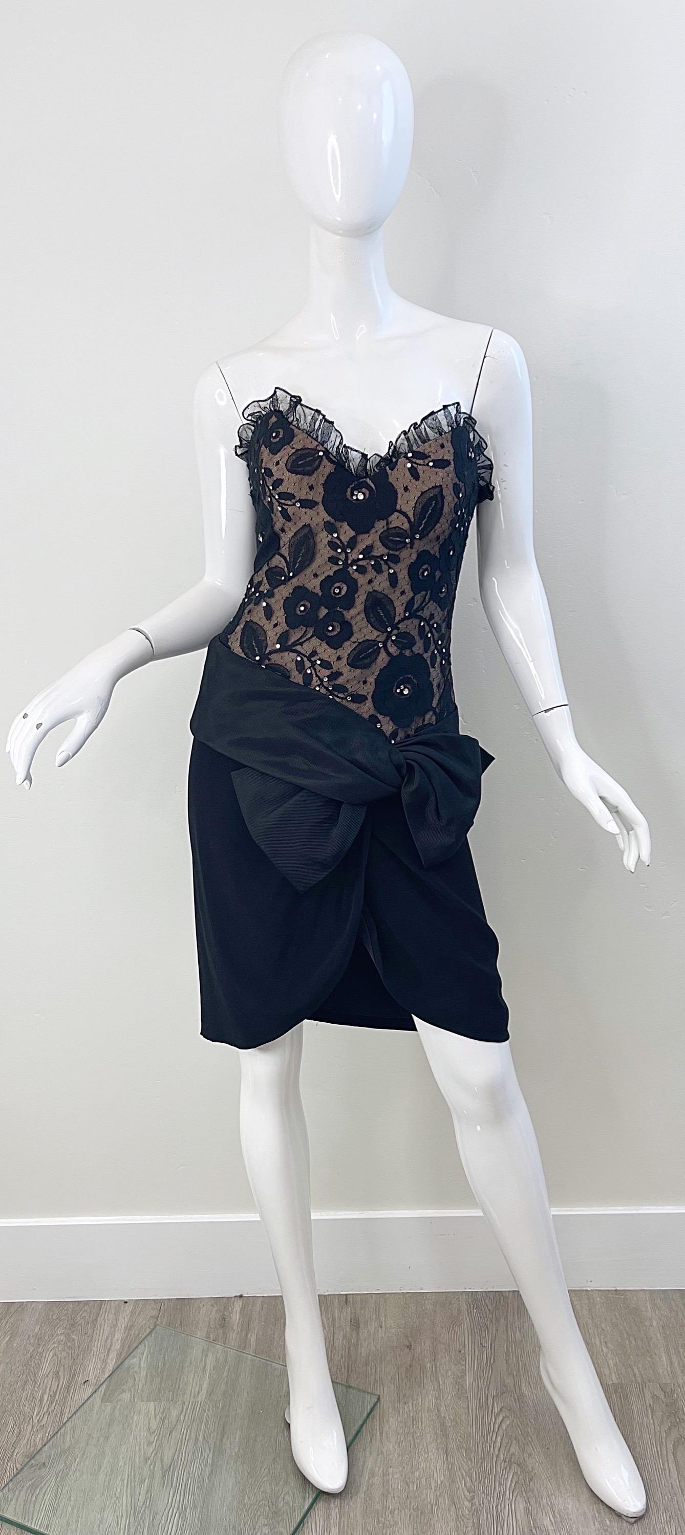 Bob Mackie 1980s Black + Nude Lace Rhinestone Vintage 80s Mini Dress For Sale 13