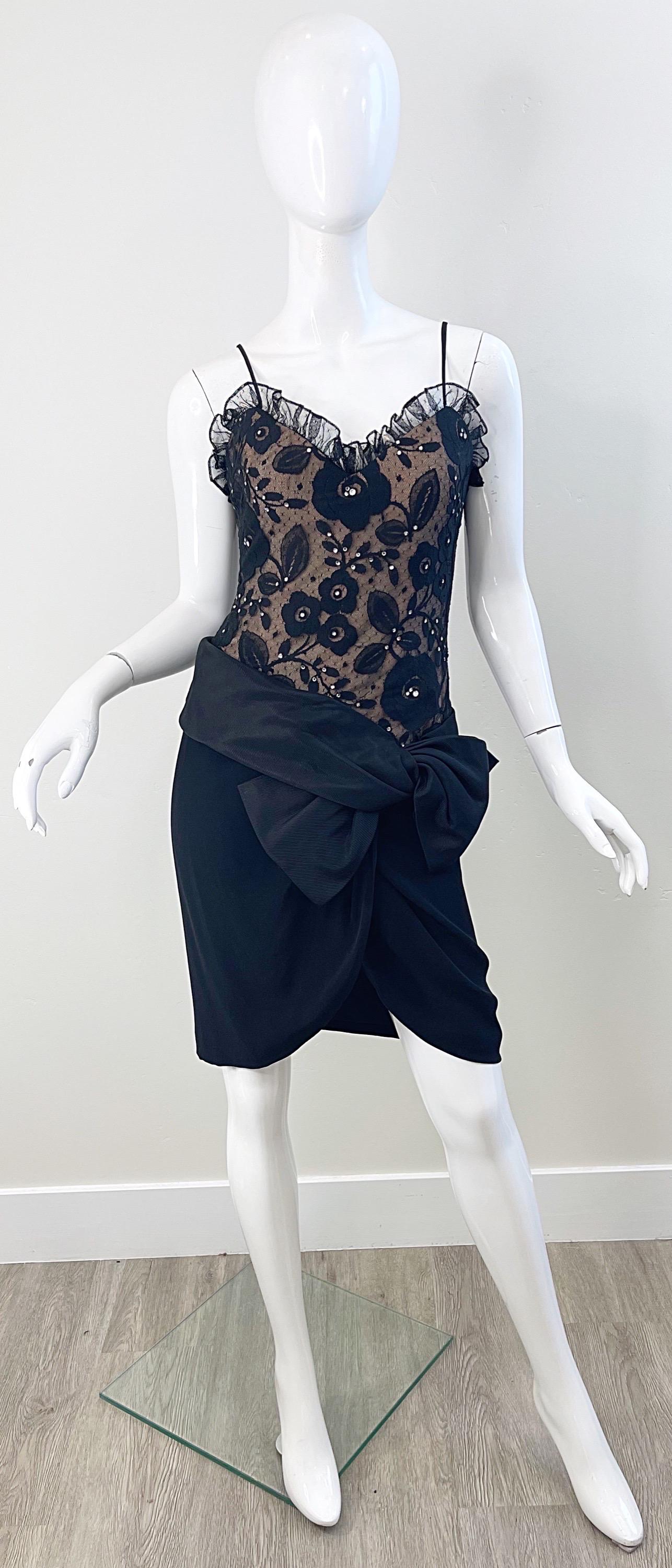 Bob Mackie 1980s Black + Nude Lace Rhinestone Vintage 80s Mini Dress In Excellent Condition For Sale In San Diego, CA