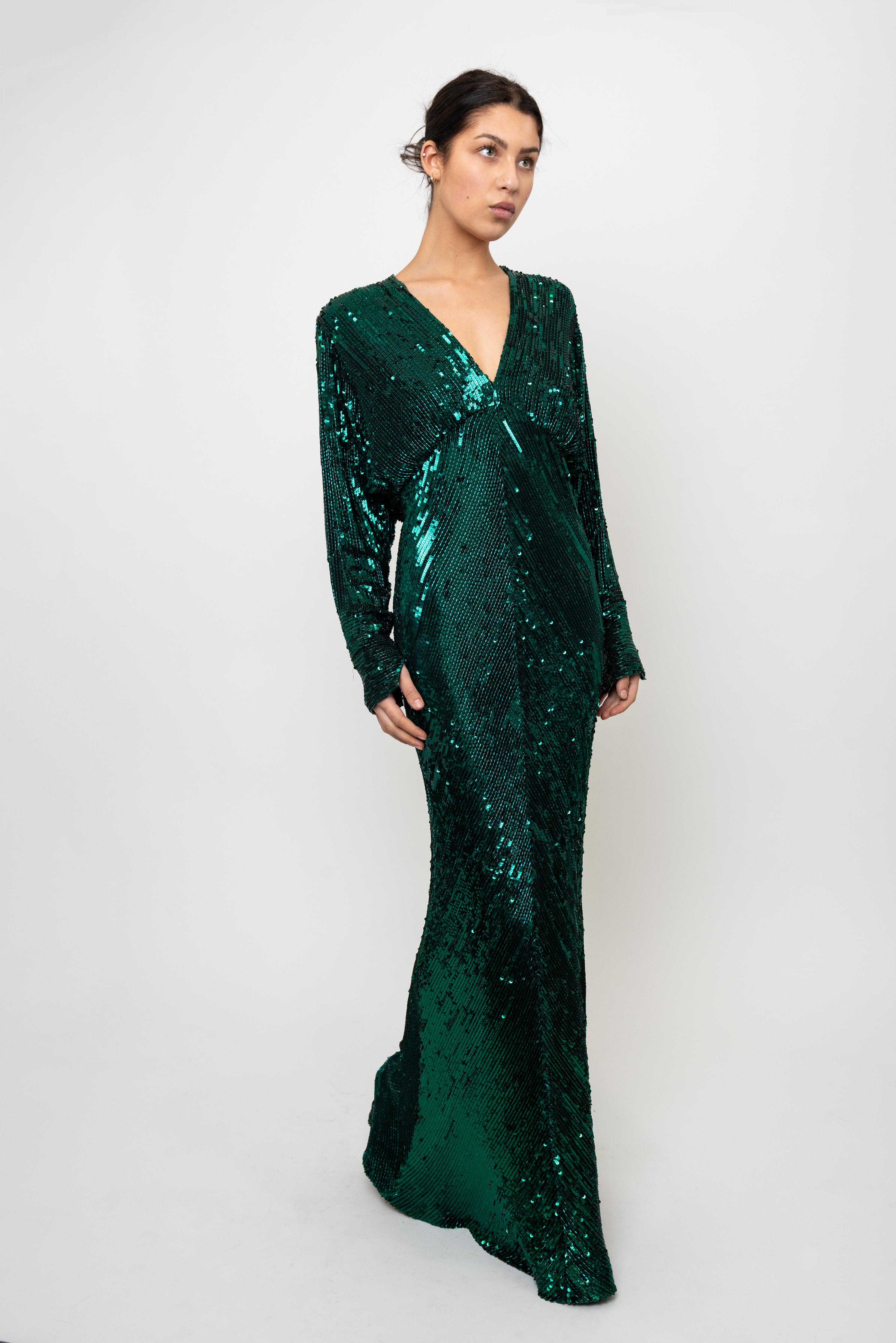 Bob Mackie 1980's Emerald Green Sequin Gown Damen im Angebot