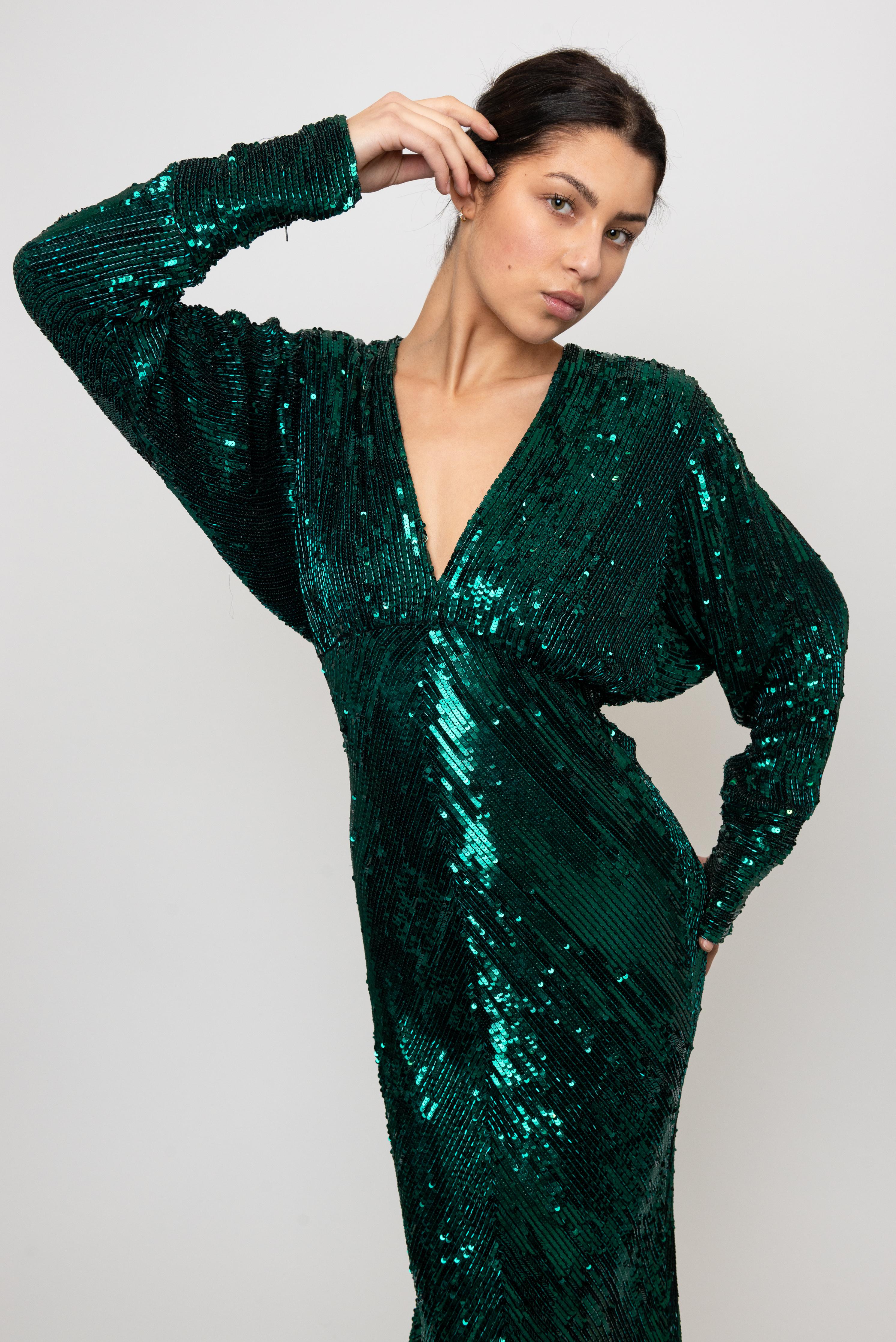 Bob Mackie 1980's Emerald Green Sequin Gown im Angebot 1