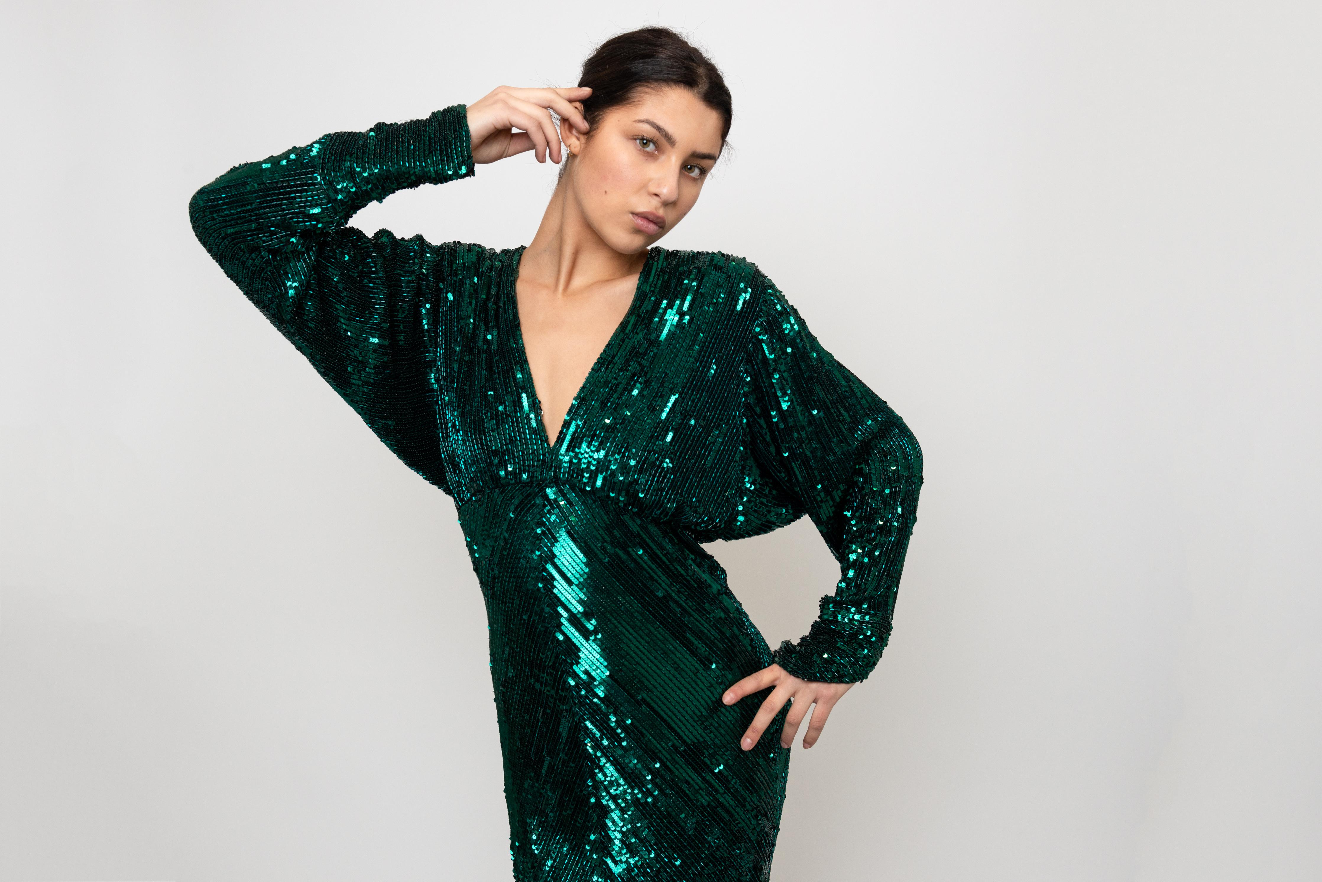 Bob Mackie 1980's Emerald Green Sequin Gown im Angebot 2