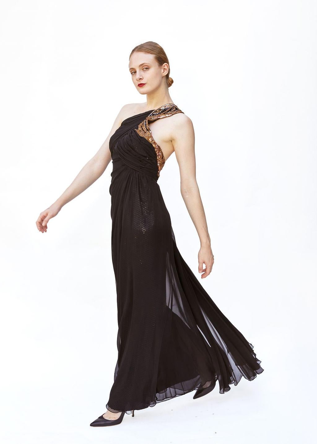 Bob Mackie 1980er Ein-Schulter-Perlen-Kleid mit Pailletten-Futter Damen im Angebot