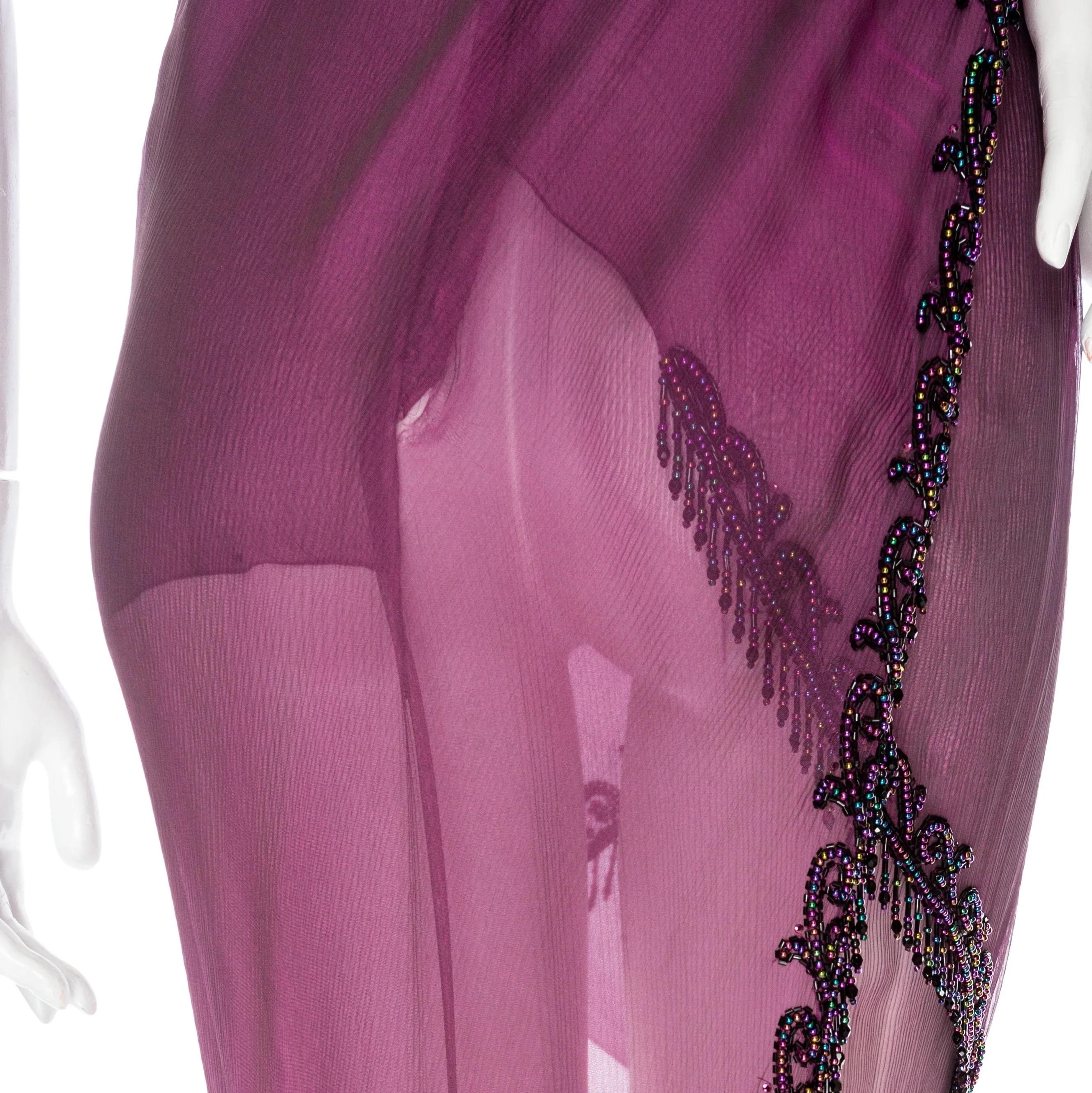 Bob Mackie 1980s Purple Silk Beaded Semi Sheer Halter Neck Dress 5