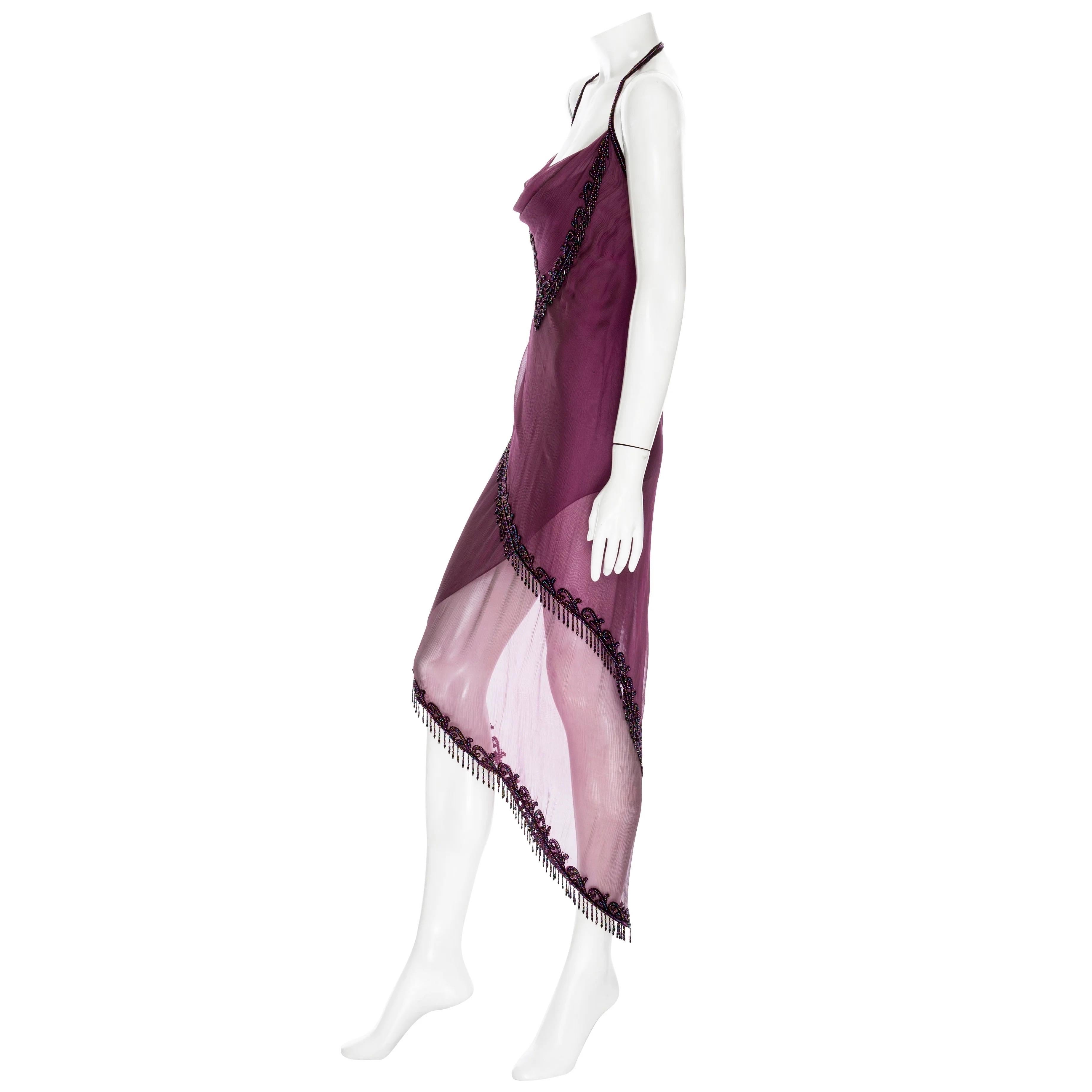 Gray Bob Mackie 1980s Purple Silk Beaded Semi Sheer Halter Neck Dress