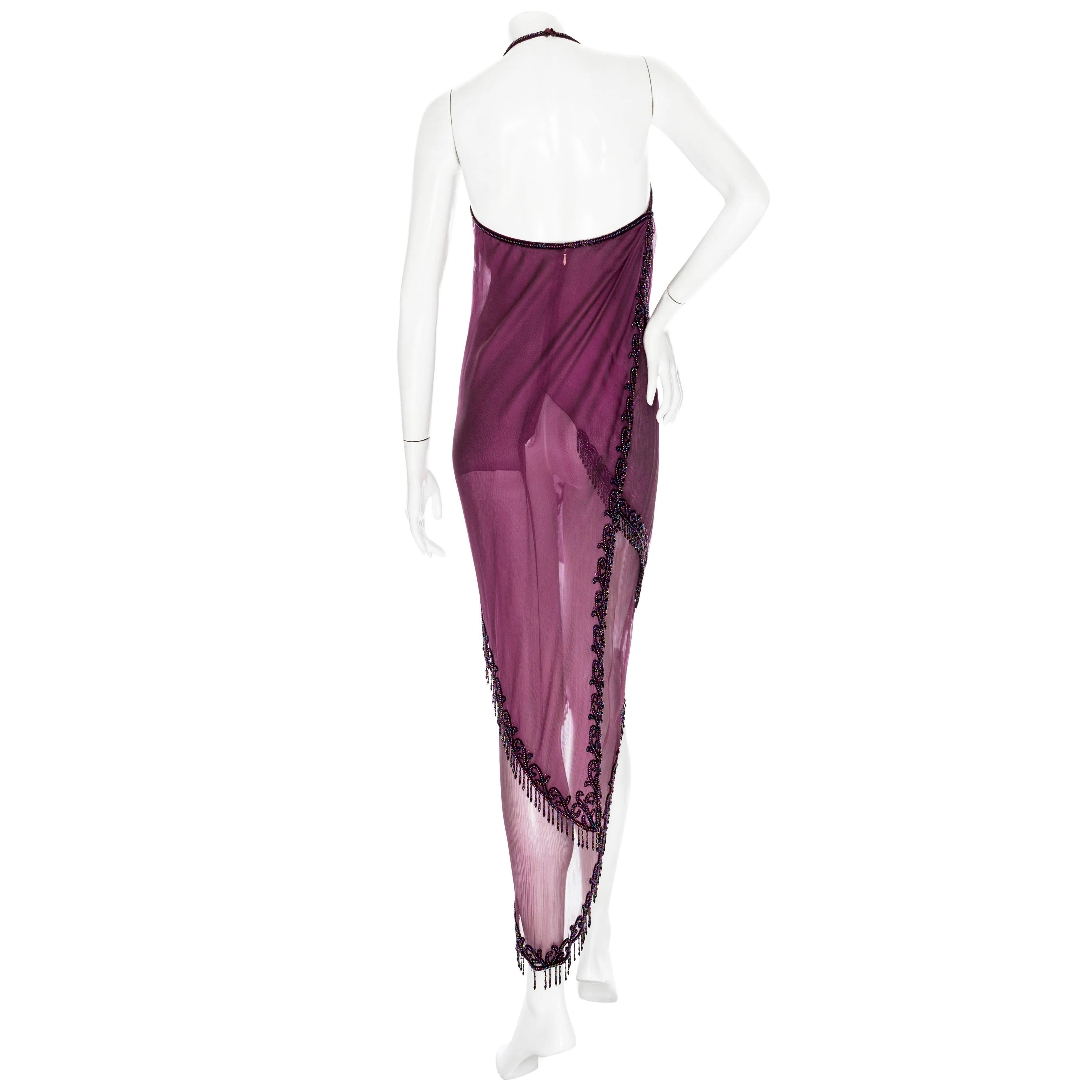 Bob Mackie 1980s Purple Silk Beaded Semi Sheer Halter Neck Dress In Good Condition In Los Angeles, CA