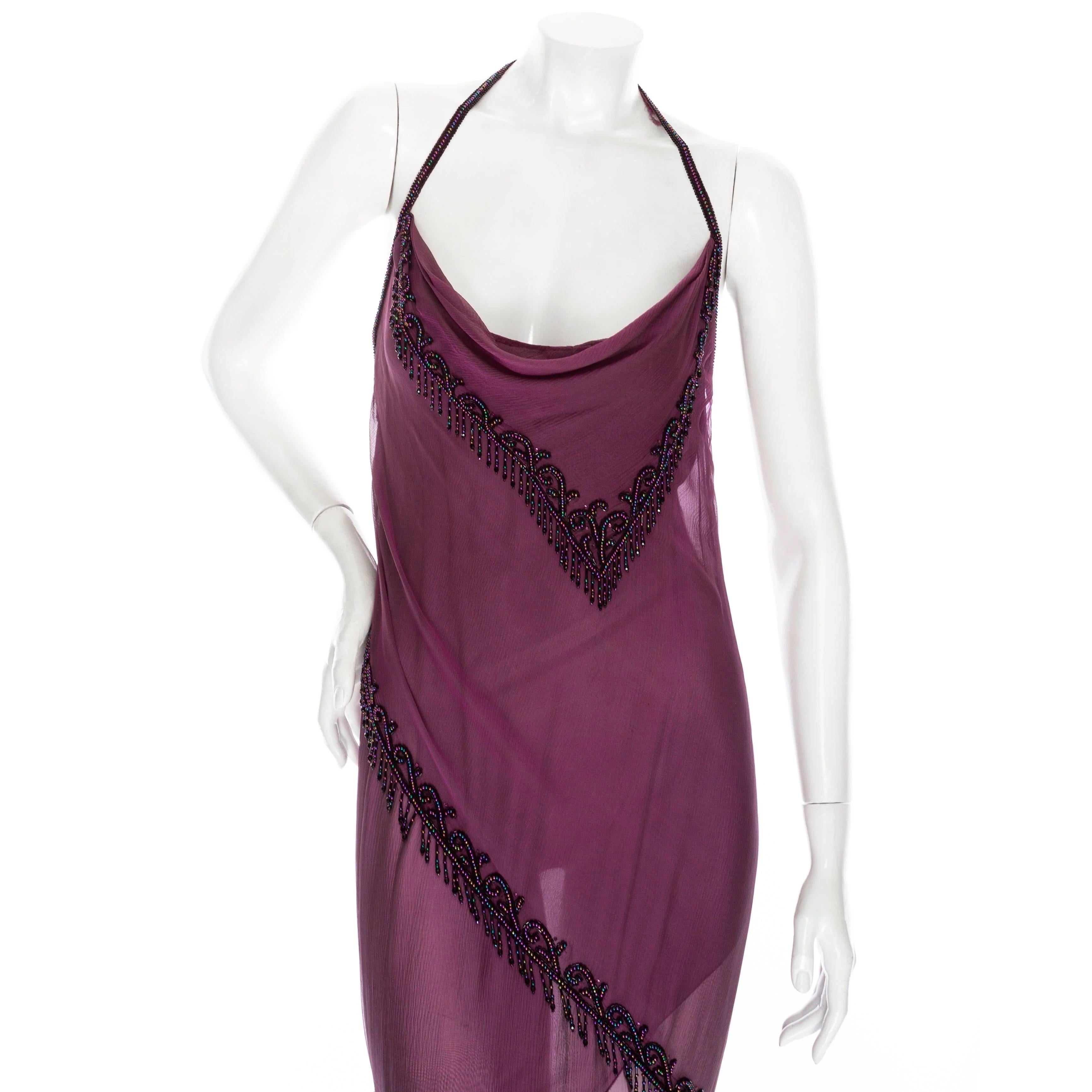 Women's Bob Mackie 1980s Purple Silk Beaded Semi Sheer Halter Neck Dress