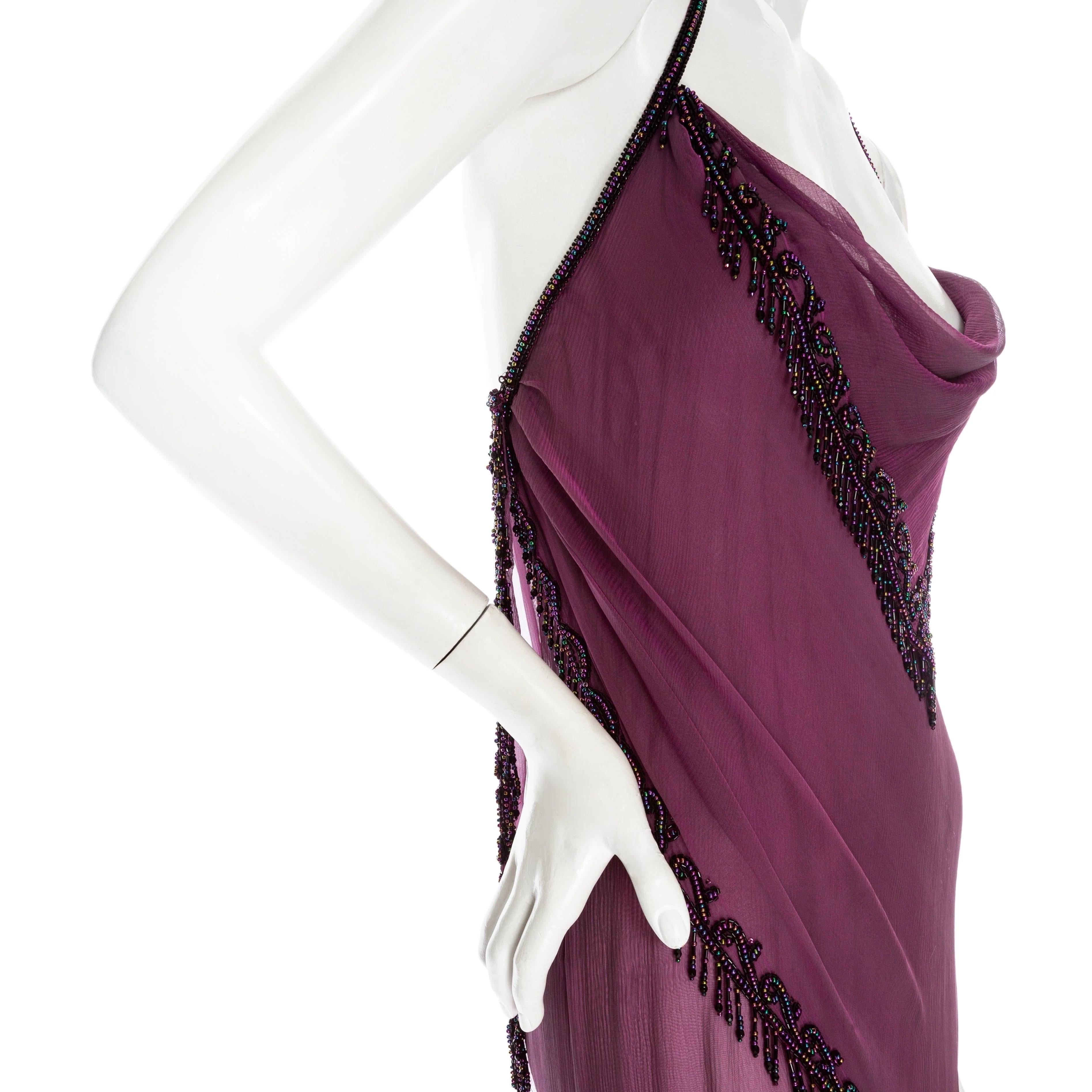 Bob Mackie 1980s Purple Silk Beaded Semi Sheer Halter Neck Dress 1