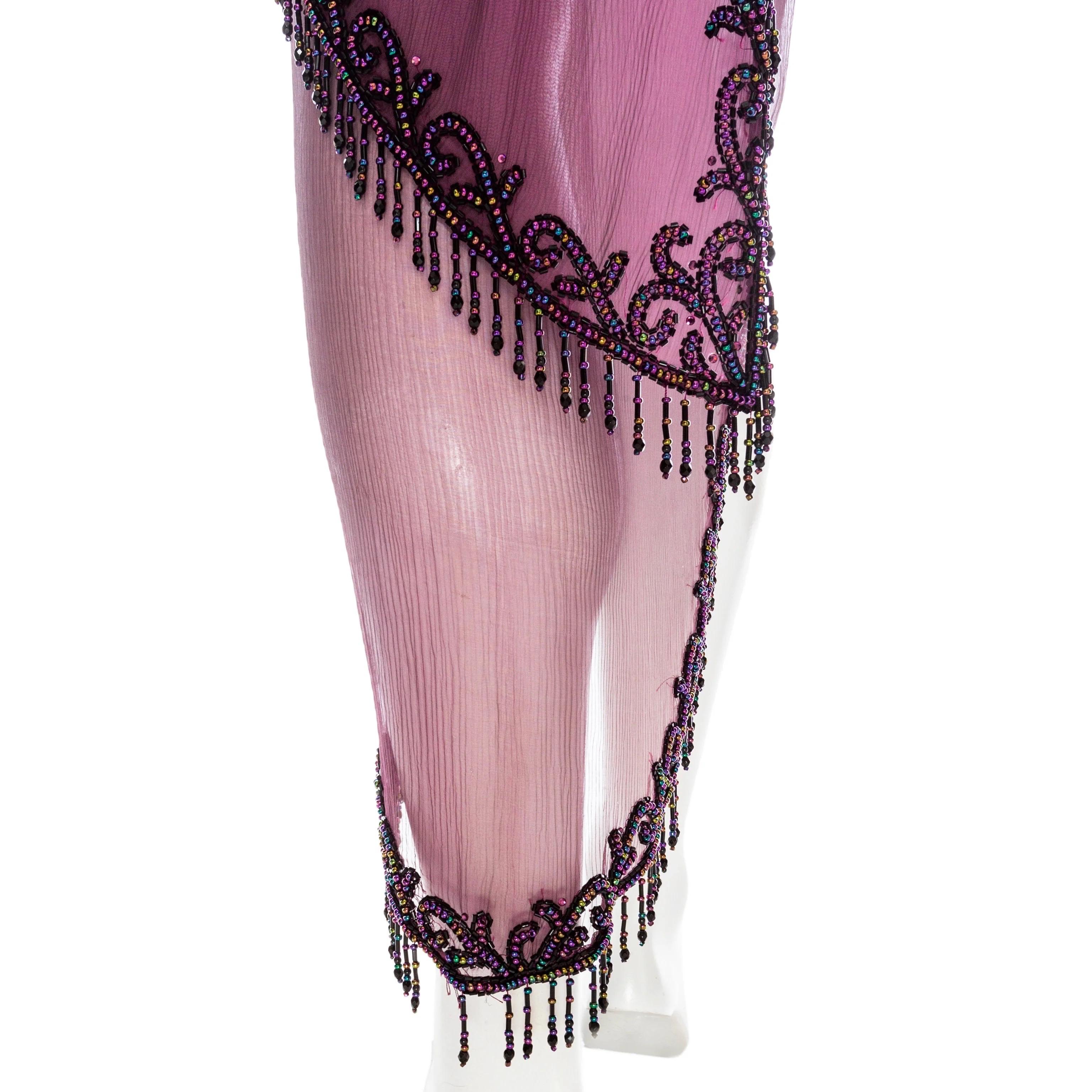 Bob Mackie 1980s Purple Silk Beaded Semi Sheer Halter Neck Dress 2