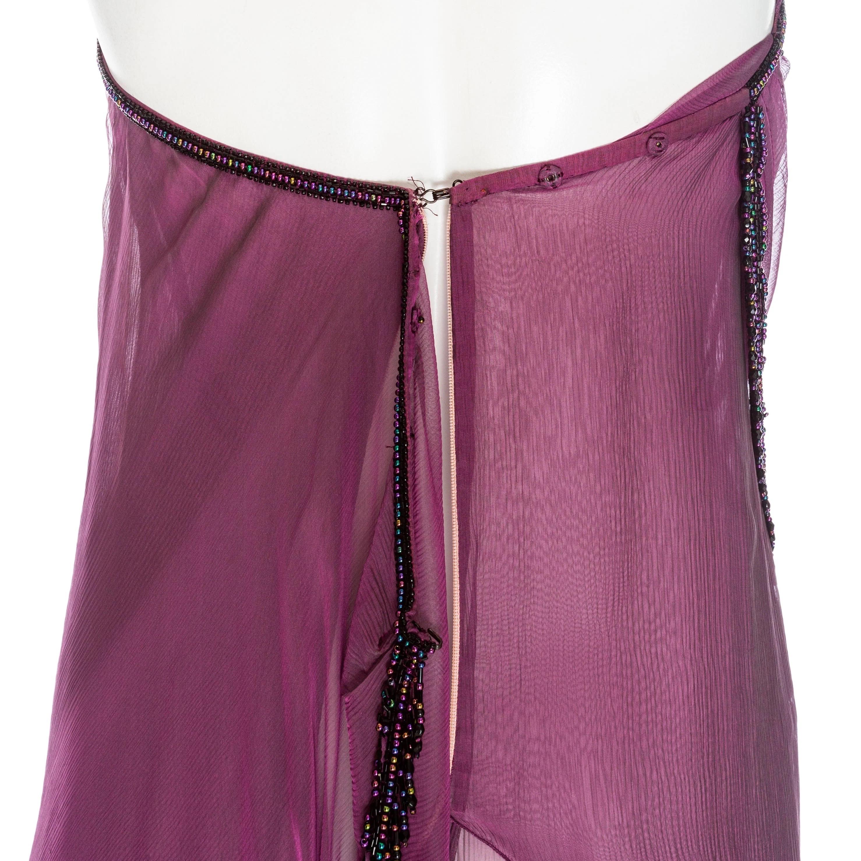 Bob Mackie 1980s Purple Silk Beaded Semi Sheer Halter Neck Dress 4