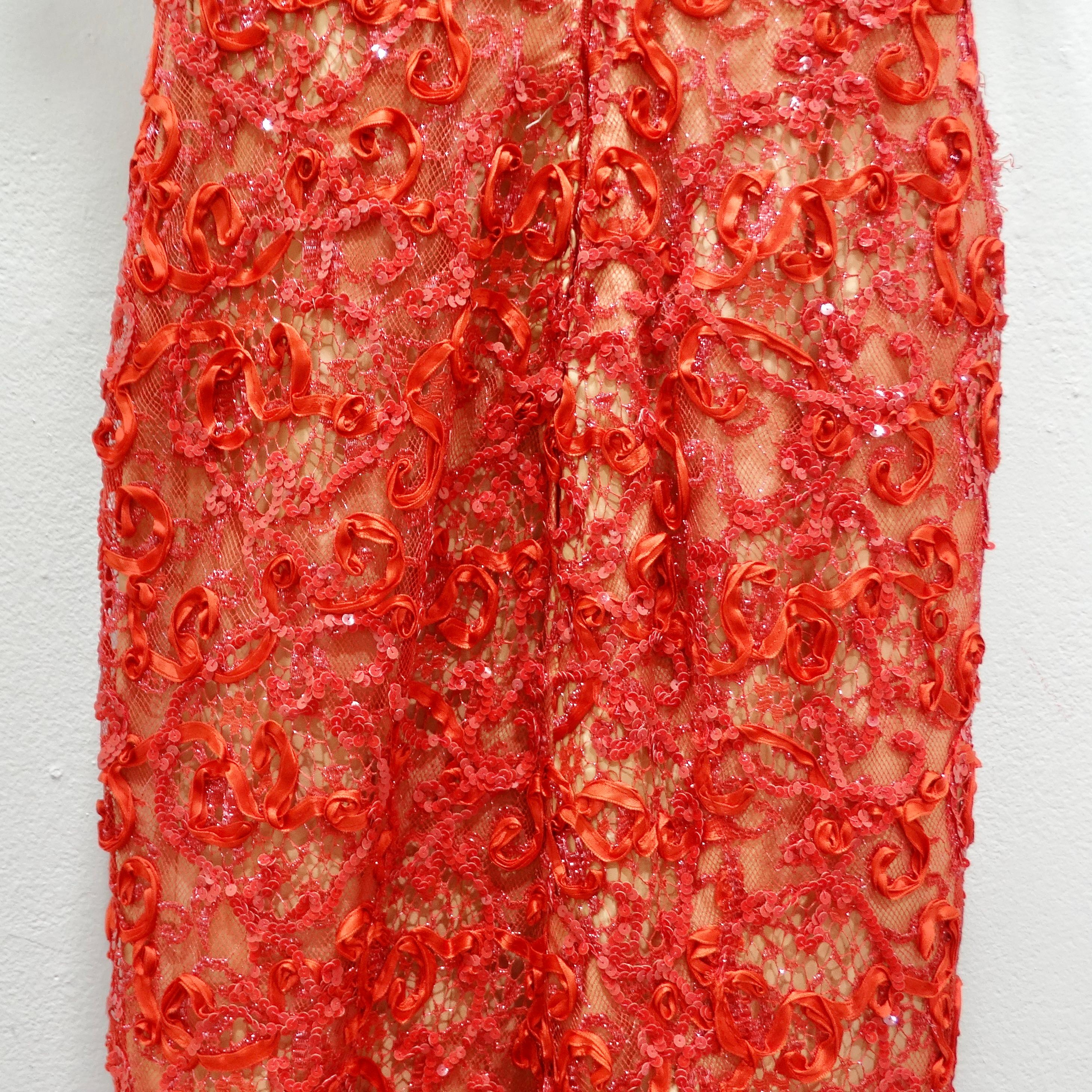 Bob Mackie 1980er Rotes Kleid aus perlenbesetzter Spitze im Angebot 6