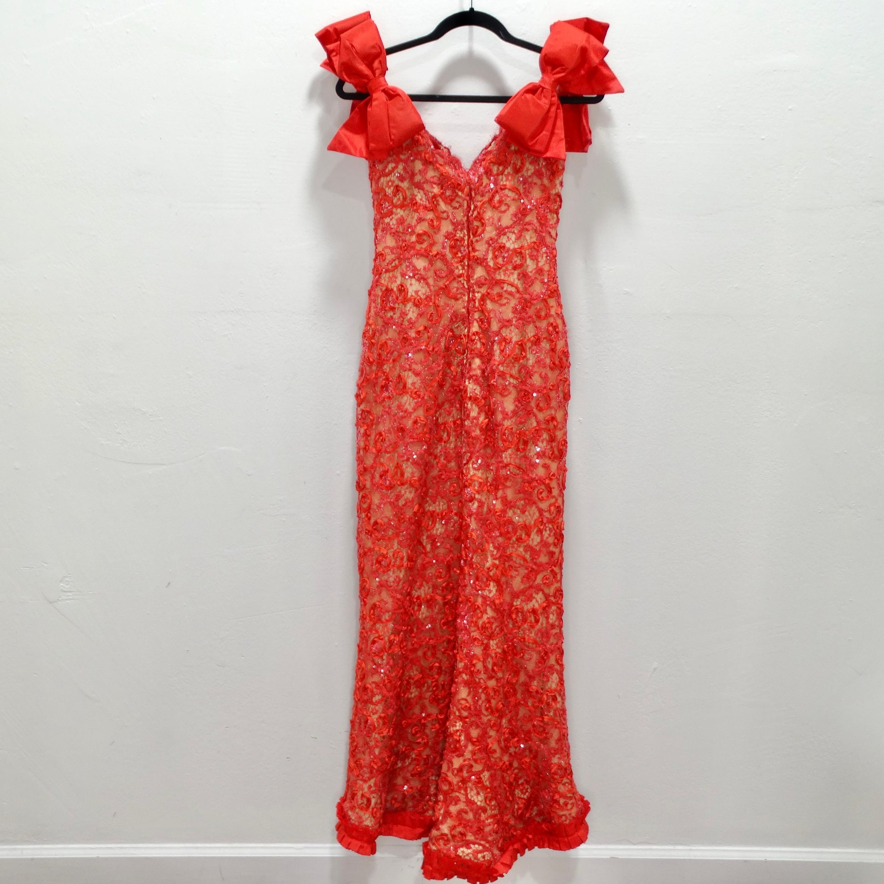 Bob Mackie 1980er Rotes Kleid aus perlenbesetzter Spitze im Angebot 2