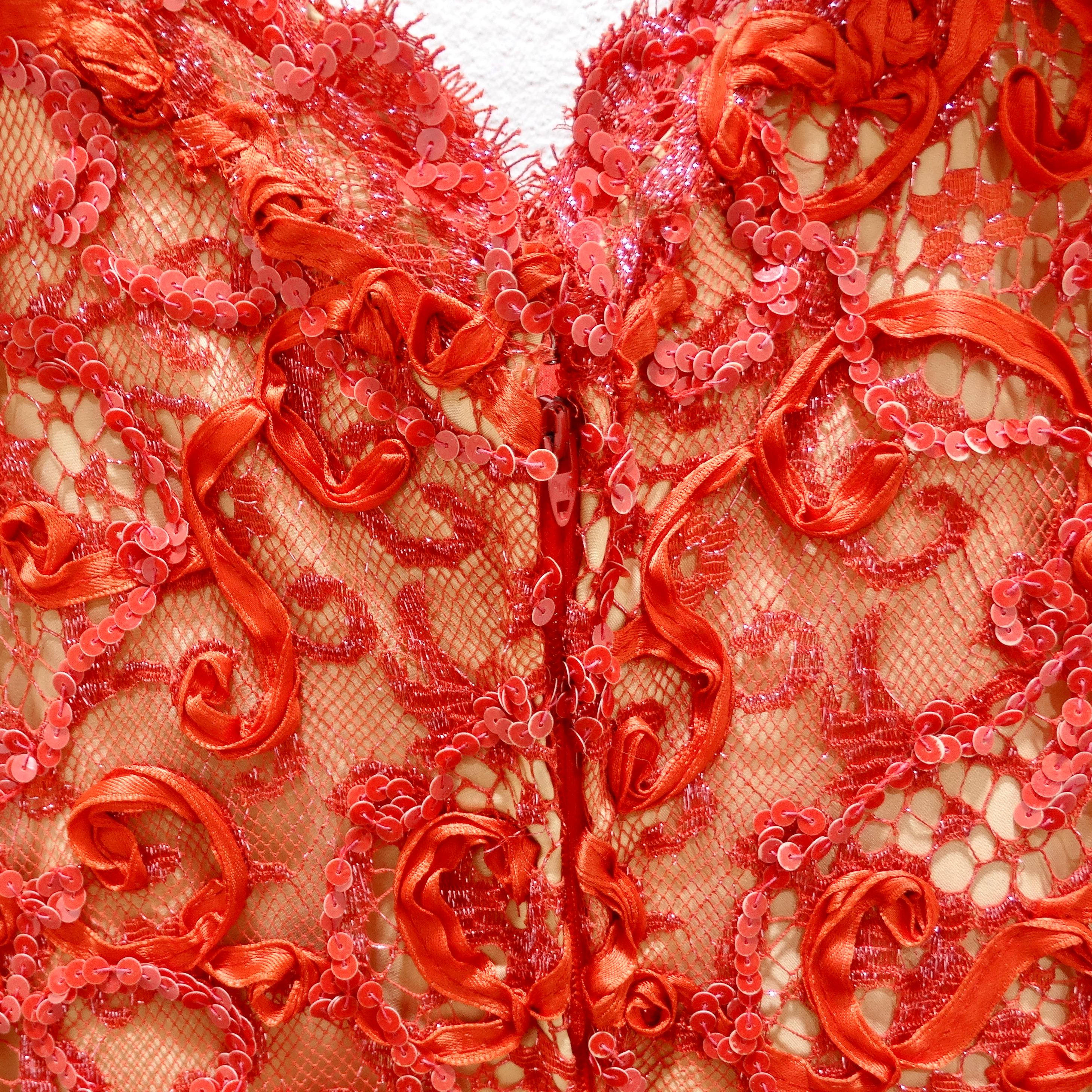 Bob Mackie 1980s Red Beaded Lace Gown For Sale 4