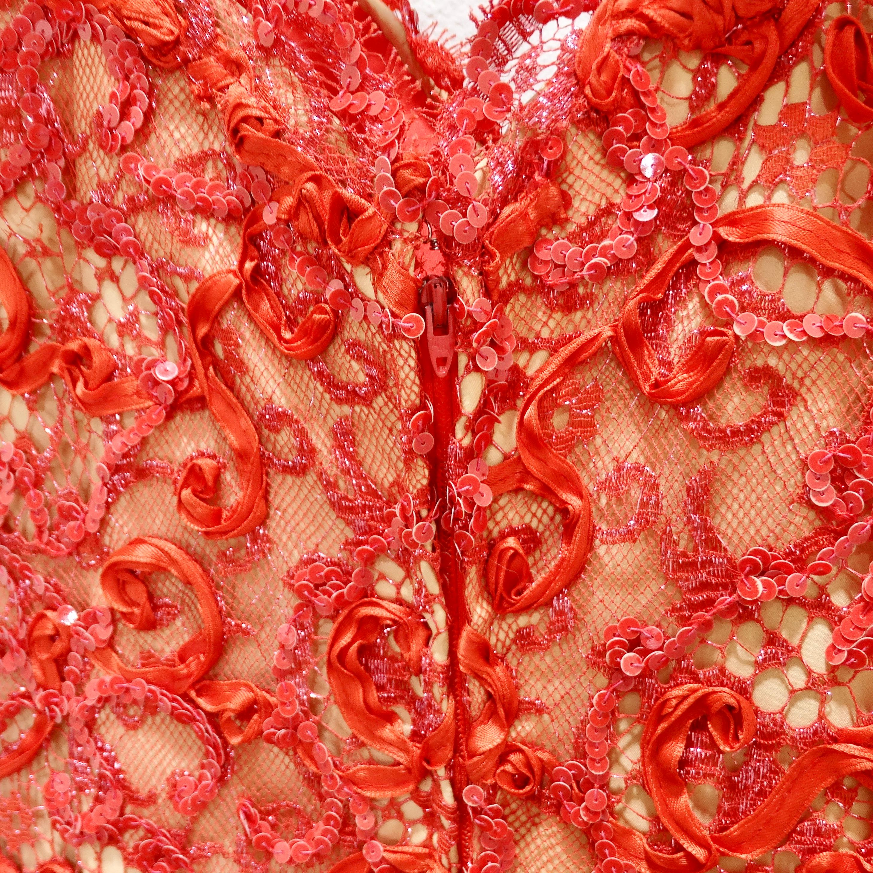 Bob Mackie 1980s Red Beaded Lace Gown For Sale 5