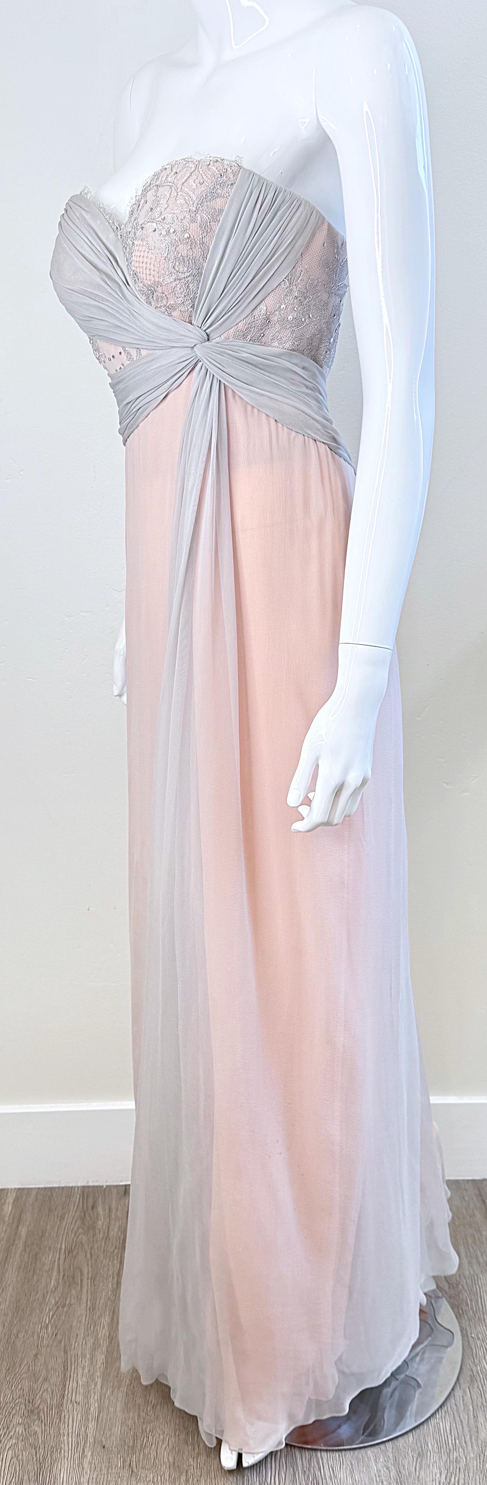 Bob Mackie Años 80 Talla 6 Rosa Claro + Gris Vestido Grecian de gasa de seda sin tirantes en venta 6