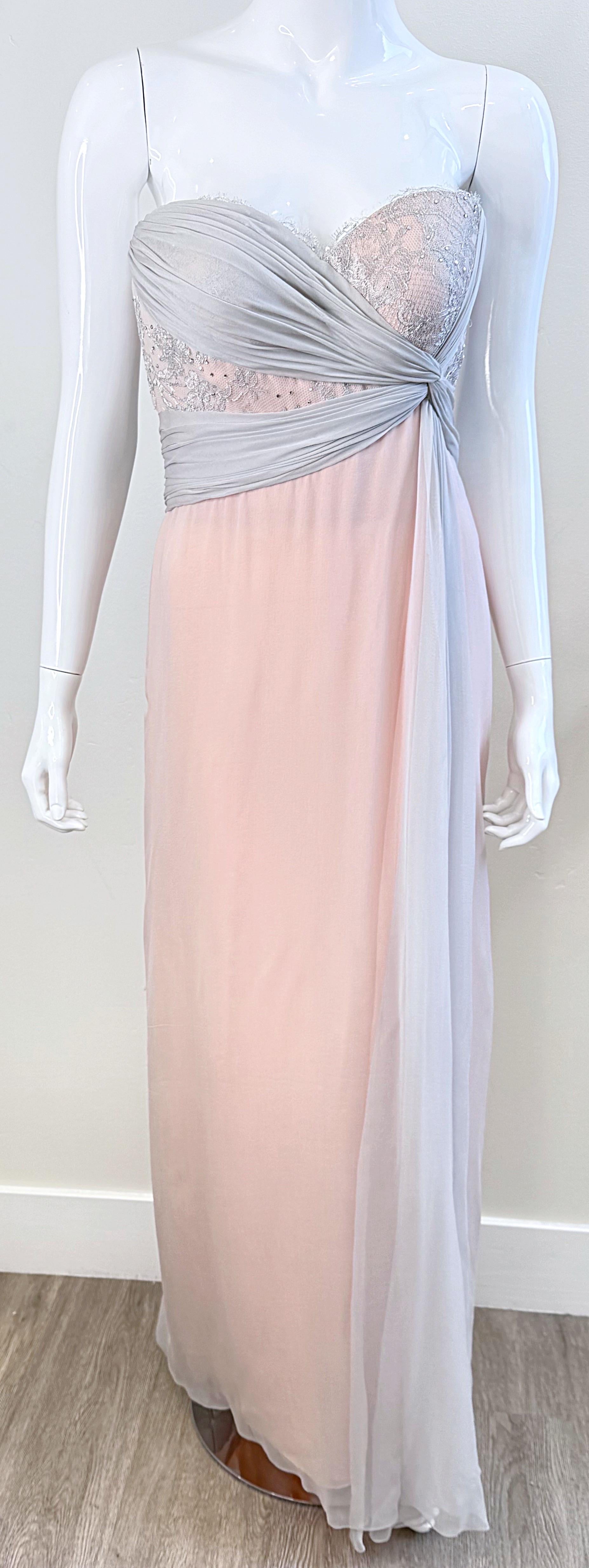 Bob Mackie Años 80 Talla 6 Rosa Claro + Gris Vestido Grecian de gasa de seda sin tirantes en venta 7