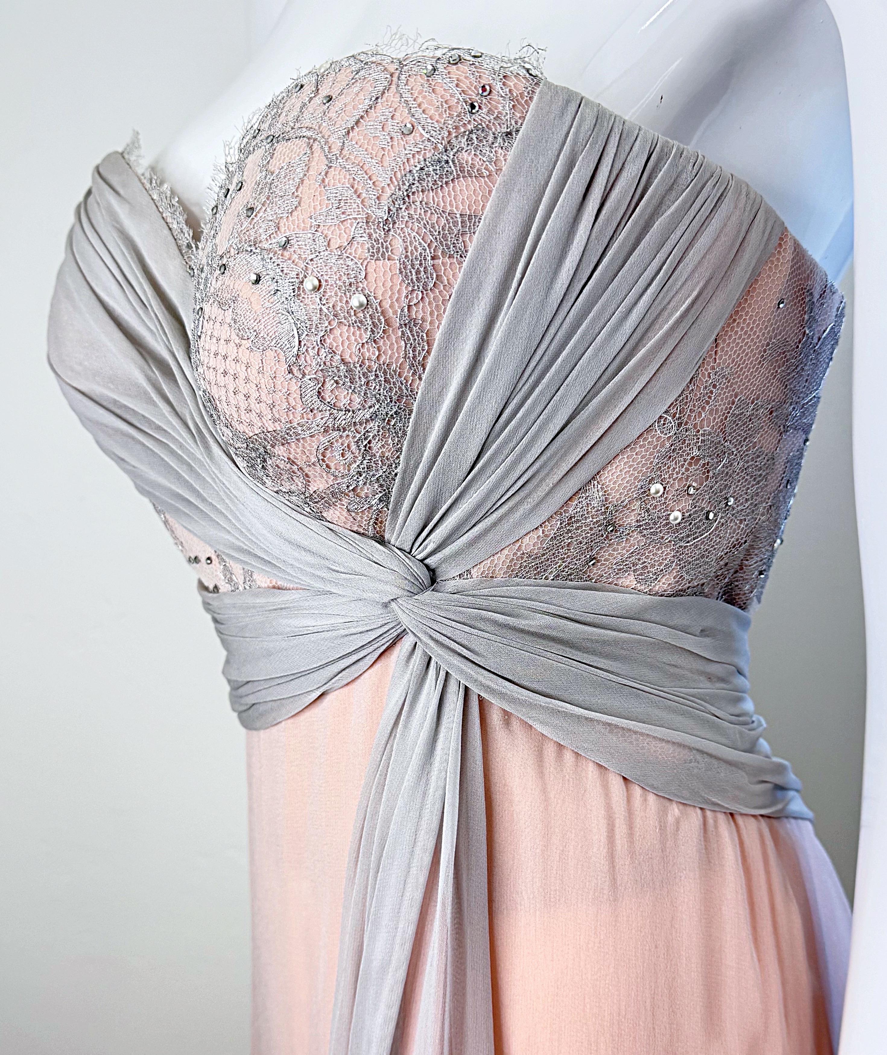 Bob Mackie Años 80 Talla 6 Rosa Claro + Gris Vestido Grecian de gasa de seda sin tirantes en venta 8