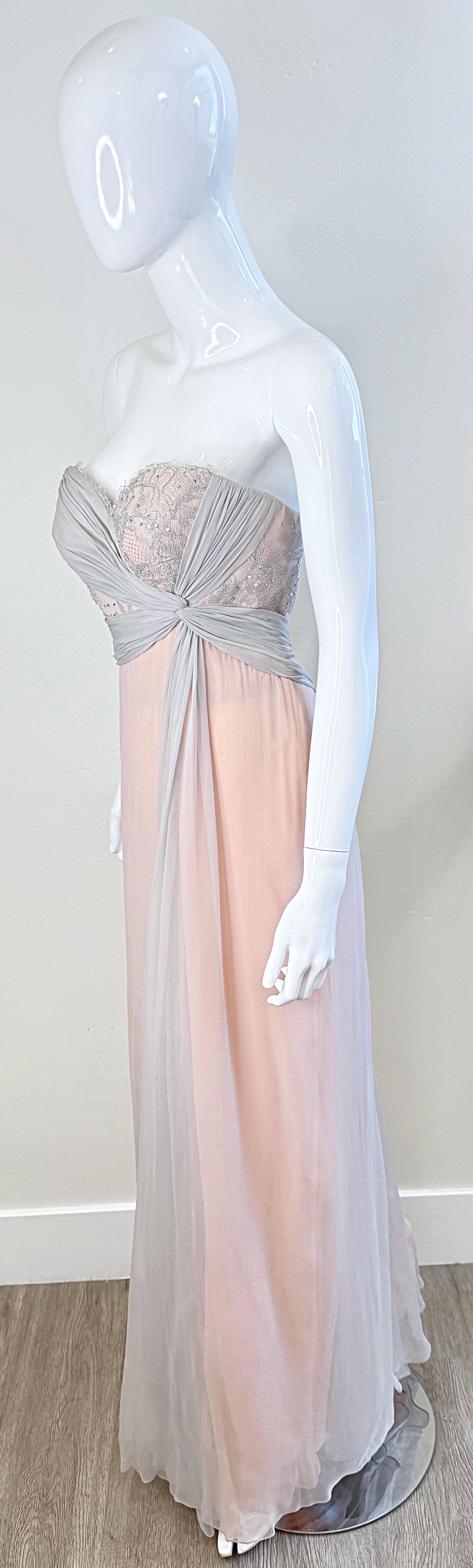 Bob Mackie Años 80 Talla 6 Rosa Claro + Gris Vestido Grecian de gasa de seda sin tirantes en venta 9