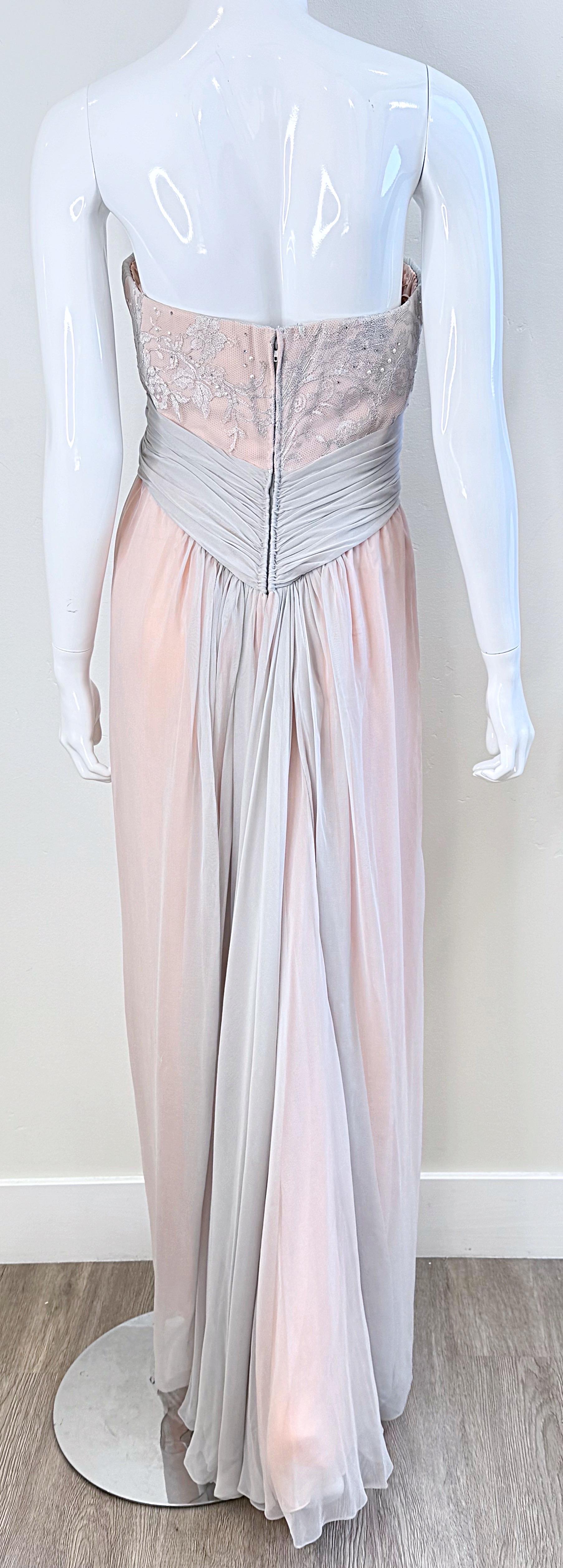 Bob Mackie Años 80 Talla 6 Rosa Claro + Gris Vestido Grecian de gasa de seda sin tirantes en venta 11