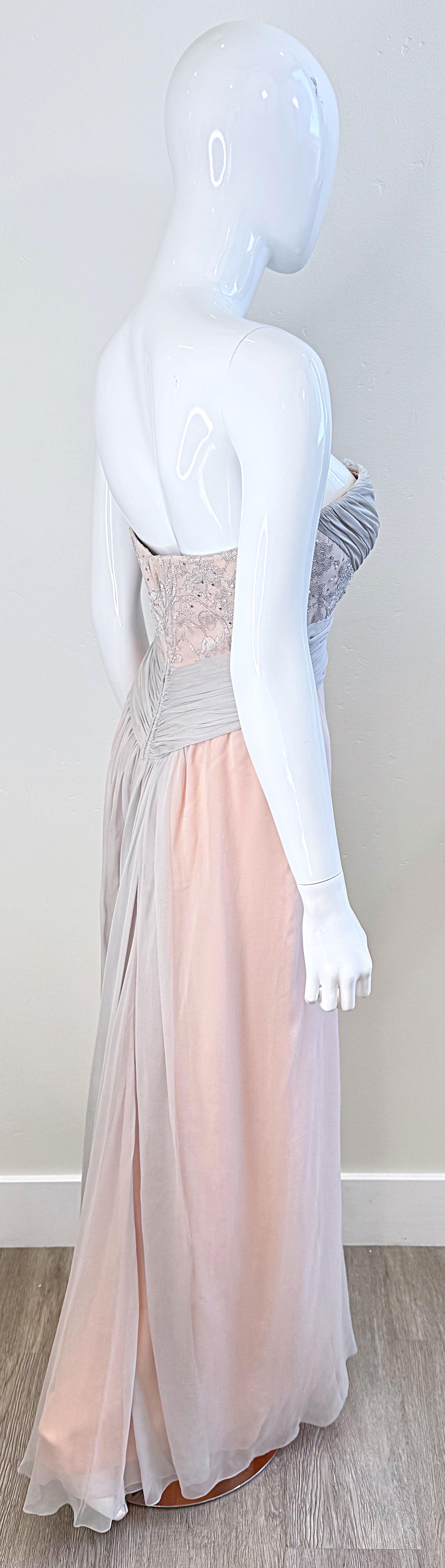 Bob Mackie Años 80 Talla 6 Rosa Claro + Gris Vestido Grecian de gasa de seda sin tirantes en venta 12