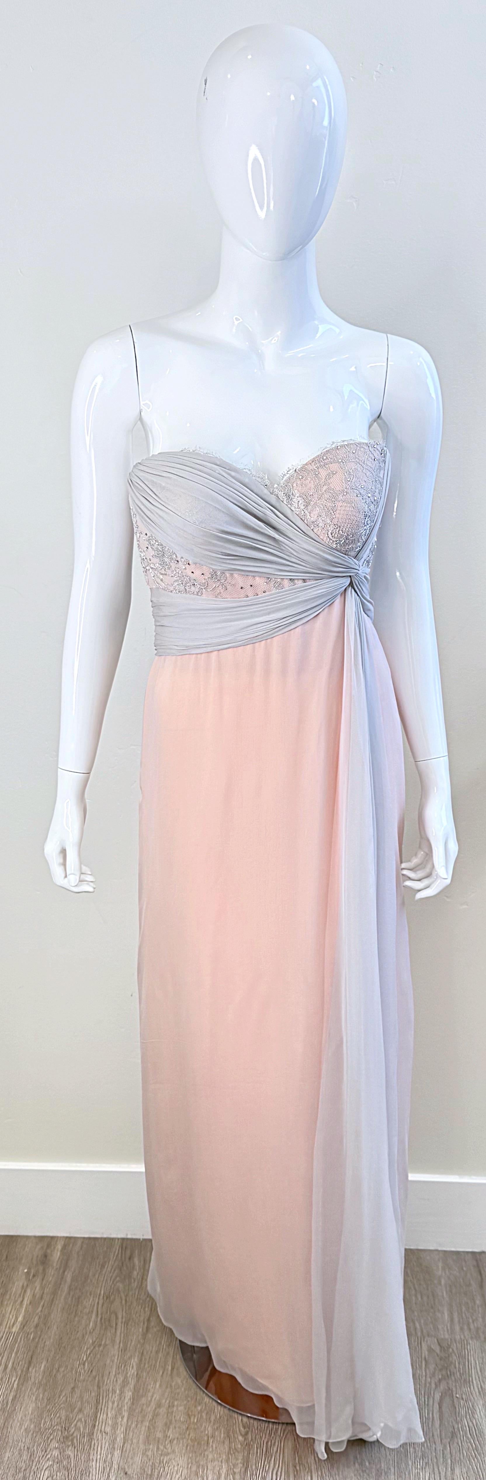 Bob Mackie Años 80 Talla 6 Rosa Claro + Gris Vestido Grecian de gasa de seda sin tirantes en venta 13