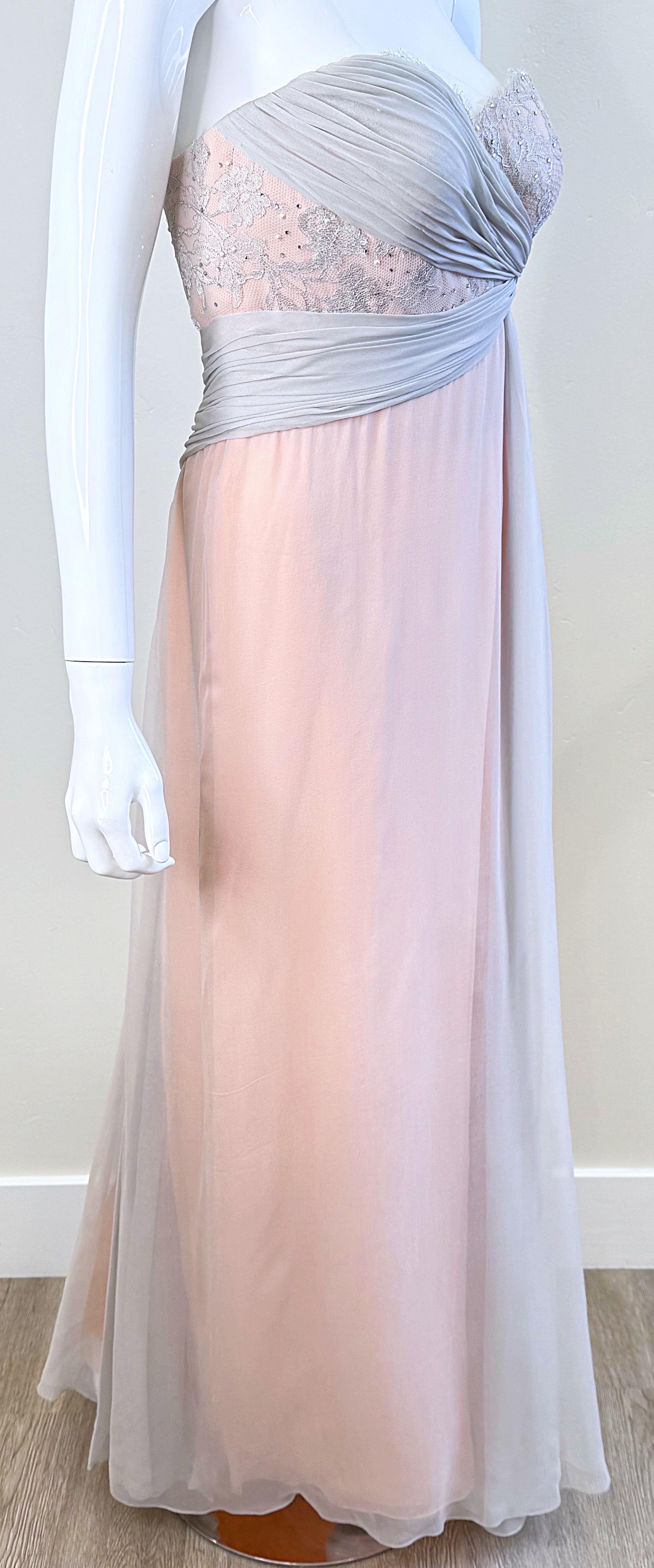 Bob Mackie Años 80 Talla 6 Rosa Claro + Gris Vestido Grecian de gasa de seda sin tirantes en venta 5