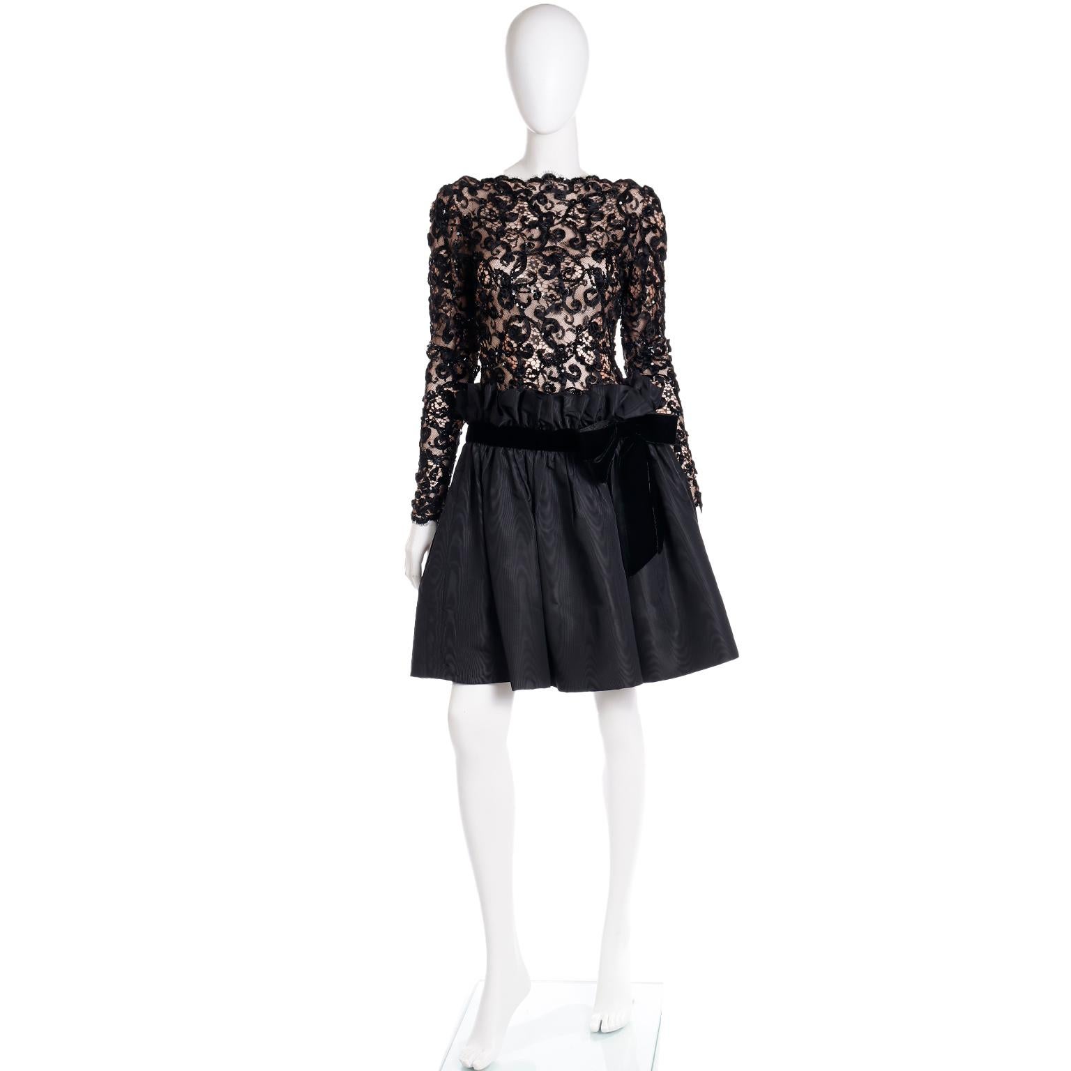 Bob Mackie 1980s Vintage Black Lace & Sequins Illusion Dress w Paper Bag Waist For Sale 7