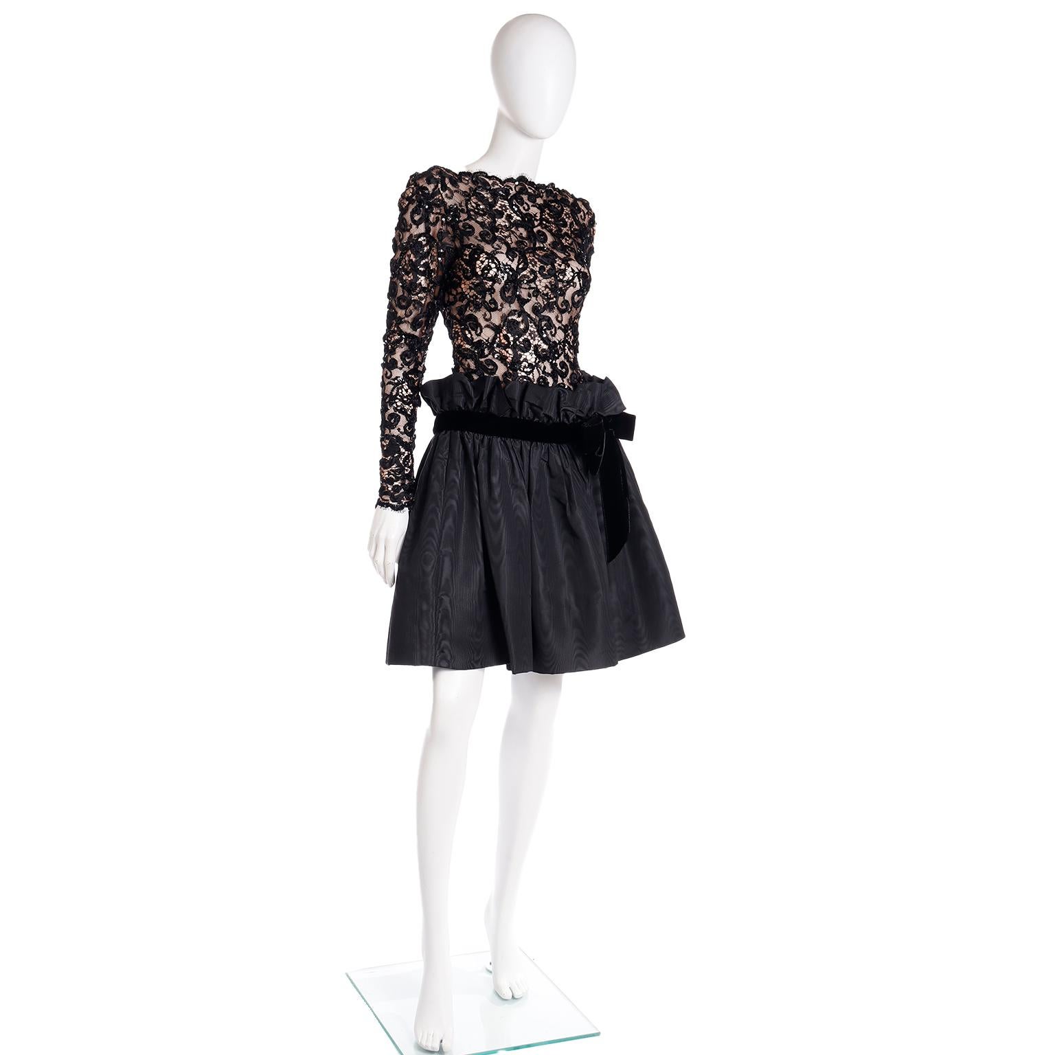 Bob Mackie 1980s Vintage Black Lace & Sequins Illusion Dress w Paper Bag Waist en vente 8