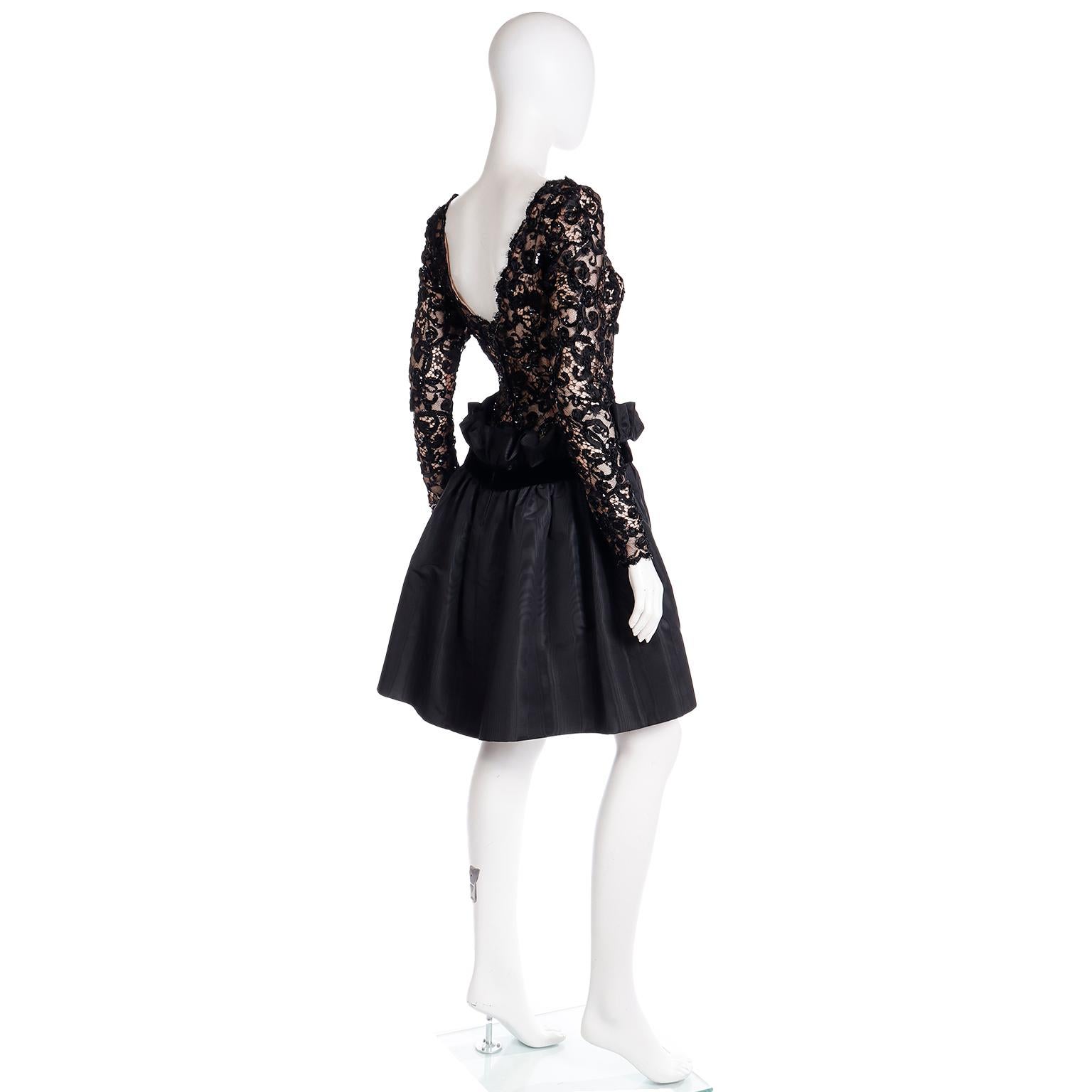 Bob Mackie 1980s Vintage Black Lace & Sequins Illusion Dress w Paper Bag Waist For Sale 9