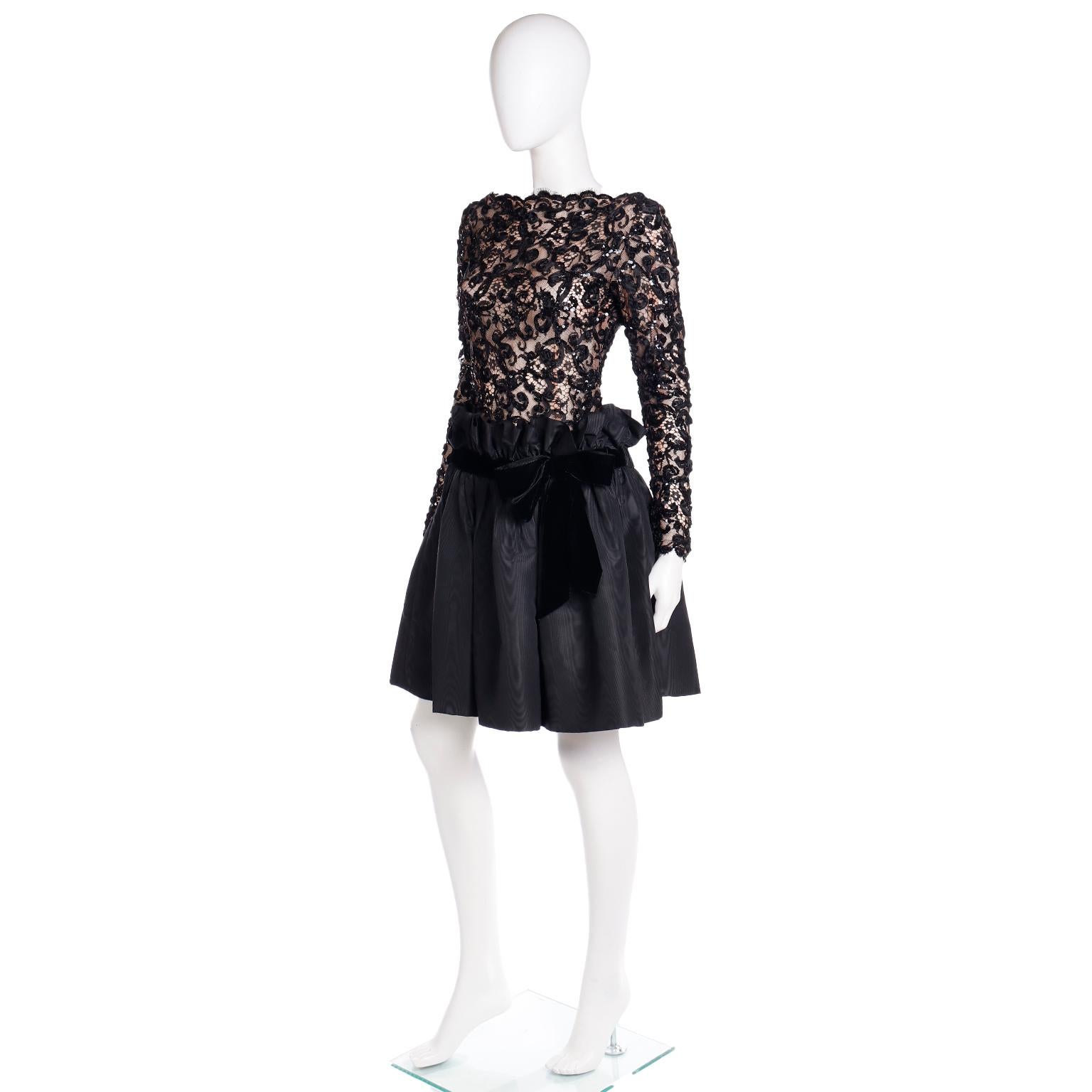 Bob Mackie 1980s Vintage Black Lace & Sequins Illusion Dress w Paper Bag Waist For Sale 11