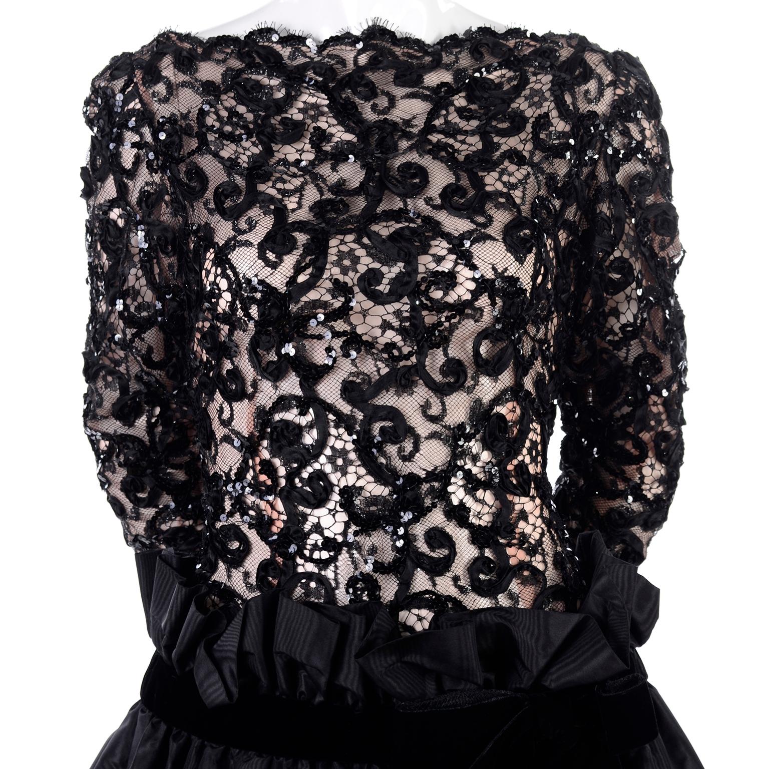Bob Mackie 1980s Vintage Black Lace & Sequins Illusion Dress w Paper Bag Waist For Sale 12