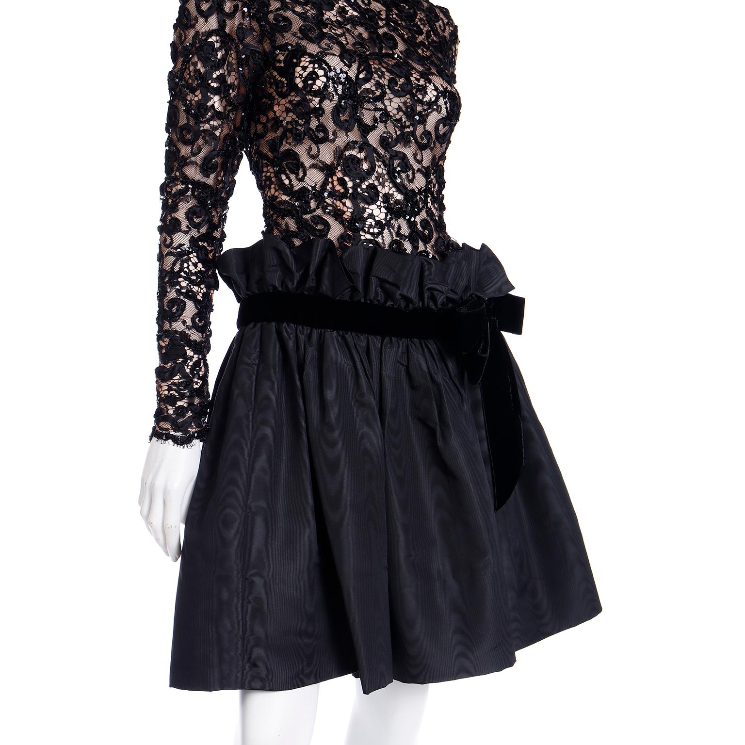 Bob Mackie 1980s Vintage Black Lace & Sequins Illusion Dress w Paper Bag Waist For Sale 13