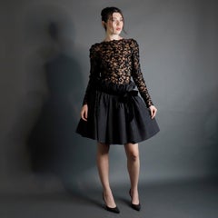 Bob Mackie 1980s Vintage Black Lace & Sequins Illusion Dress w Paper Bag Waist