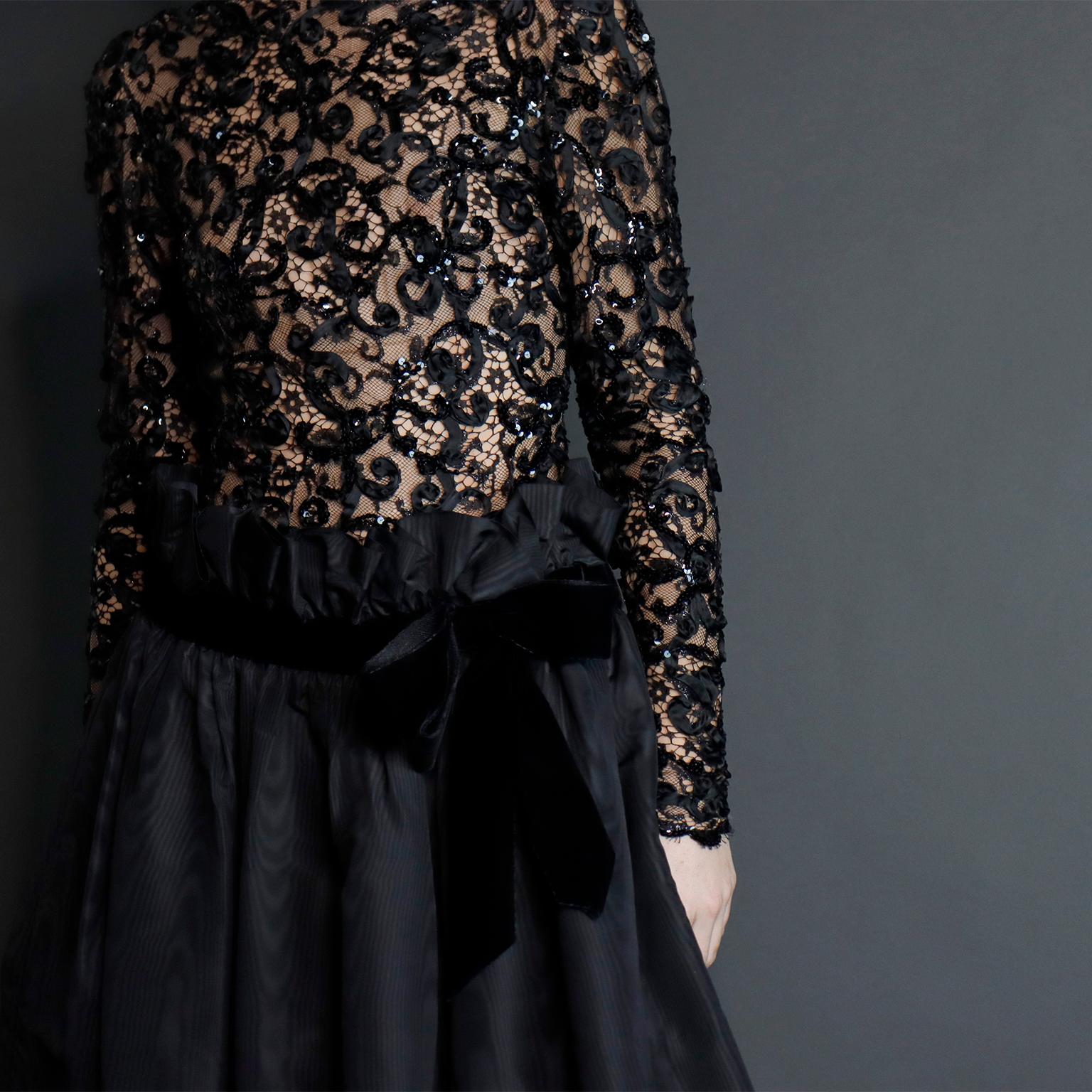 Bob Mackie 1980s Vintage Black Lace & Sequins Illusion Dress w Paper Bag Waist For Sale 5