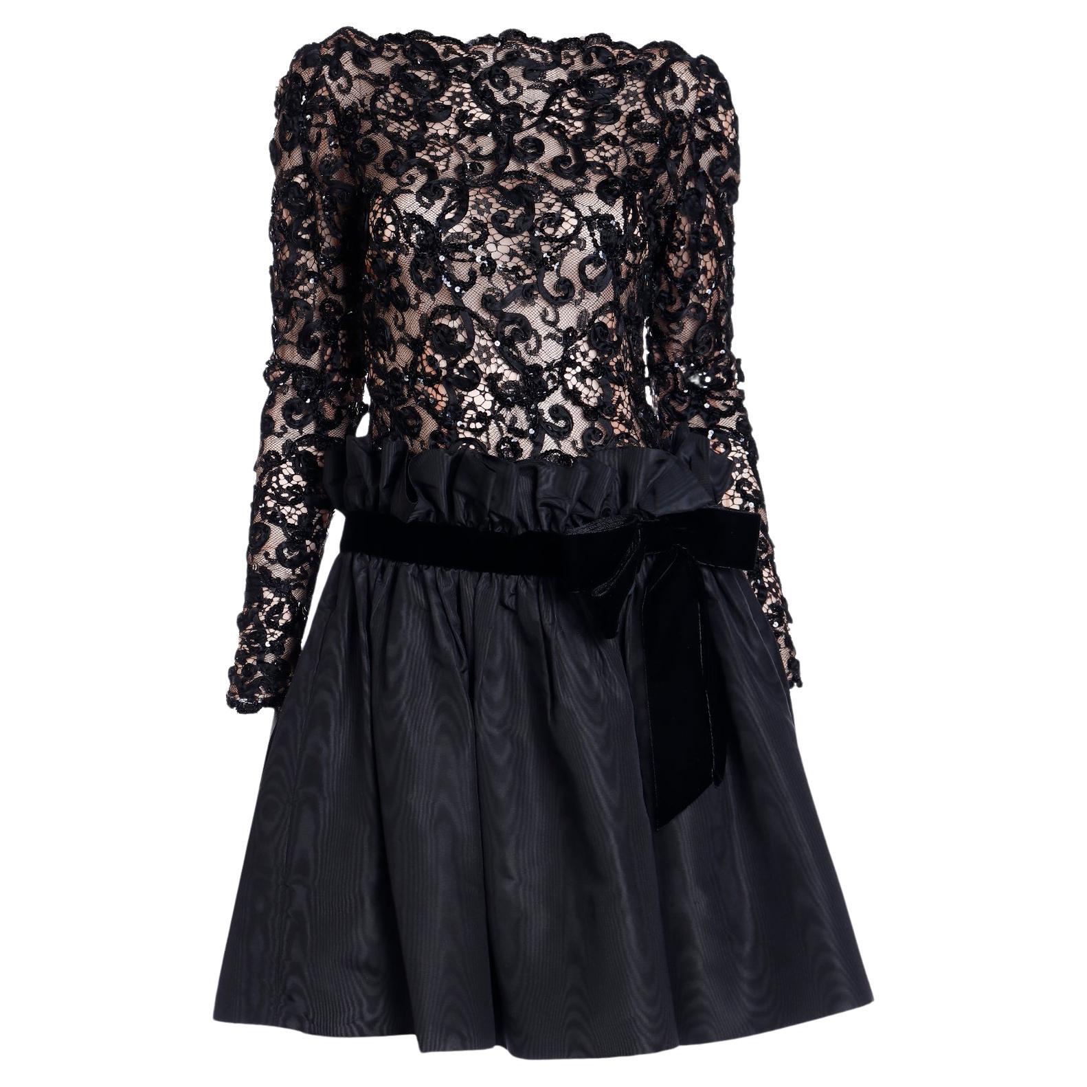 Bob Mackie 1980s Vintage Black Lace & Sequins Illusion Dress w Paper Bag Waist For Sale