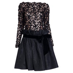 Bob Mackie 1980s Used Black Lace & Sequins Illusion Dress w Paper Bag Waist