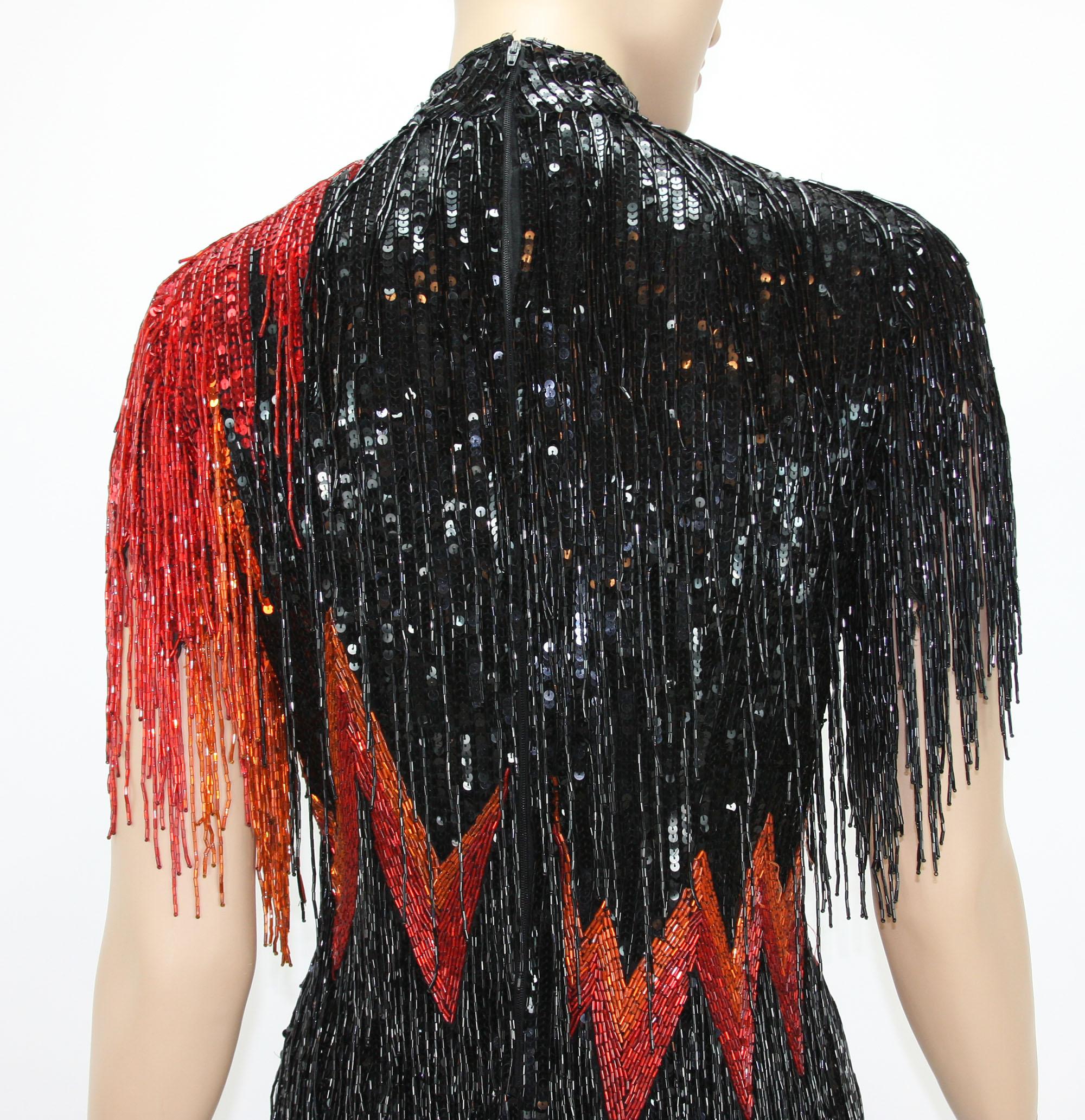 Black Bob Mackie 1982 Fully Beaded *Flame* Dress from European Dance Competition  For Sale